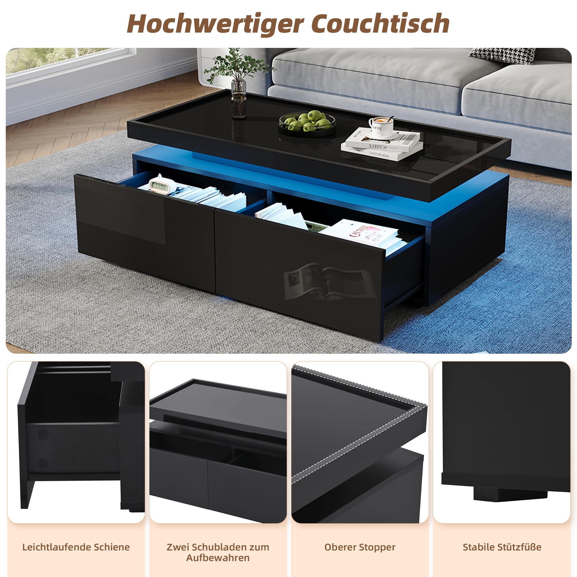 Stolik kawowy 95 x 45 x 35 cm czarny | stół do salonu, stolik kawowy | Nowoczesny stół do salonu z diodami LED, miejscem do przechowywania i szufladami – idealny jako stolik na co dzień i