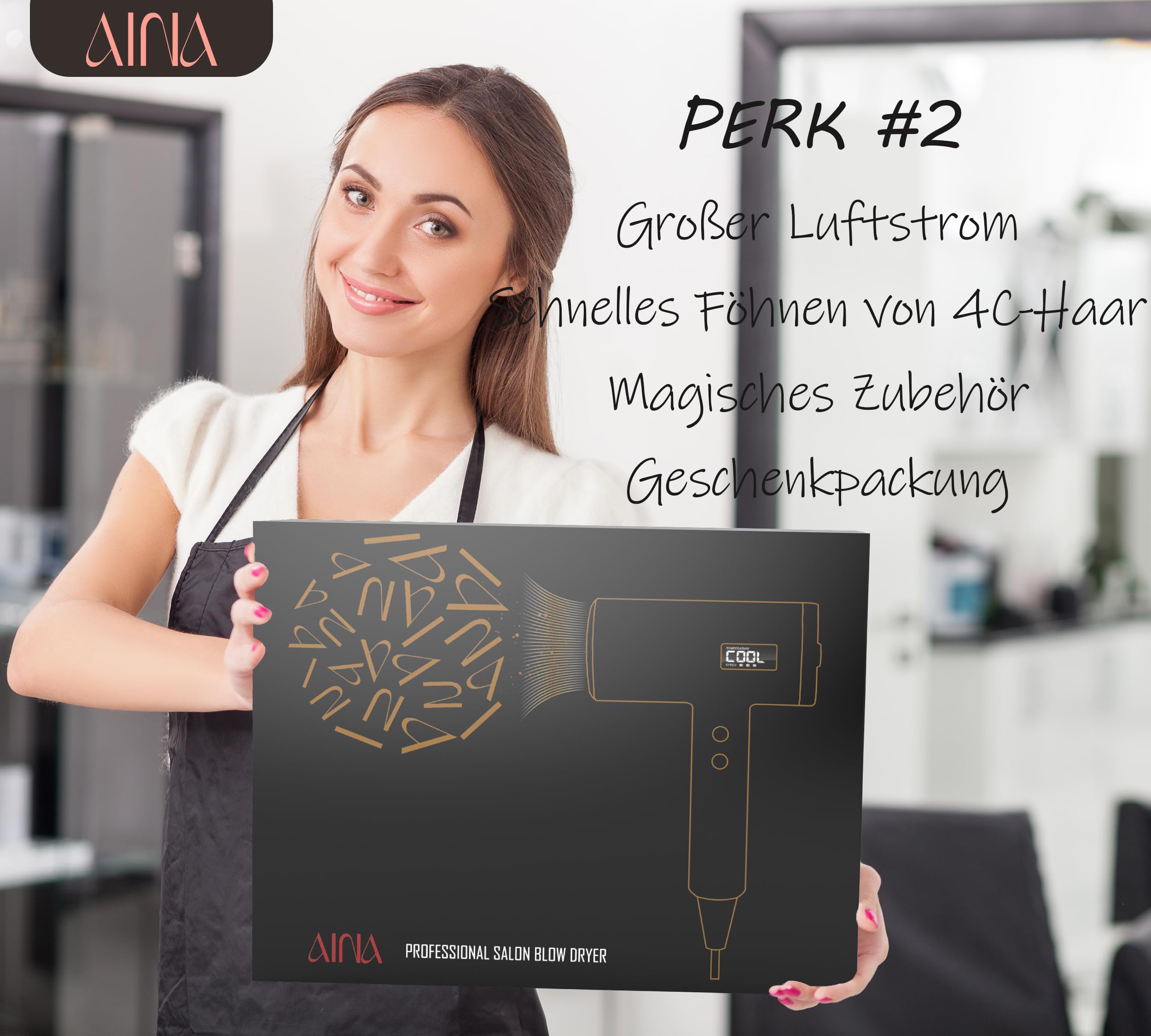 AINA Professioneller Haartrockner (neue Tech)2300W Föhn mit Diffusor,Bürstenkamm für Frauen | BLDC Bürstenloser Motor 150.000 U/min | Ionic | LED-Anzeige | 4 magnetische Aufsätze 230V/EU(Schwarz)