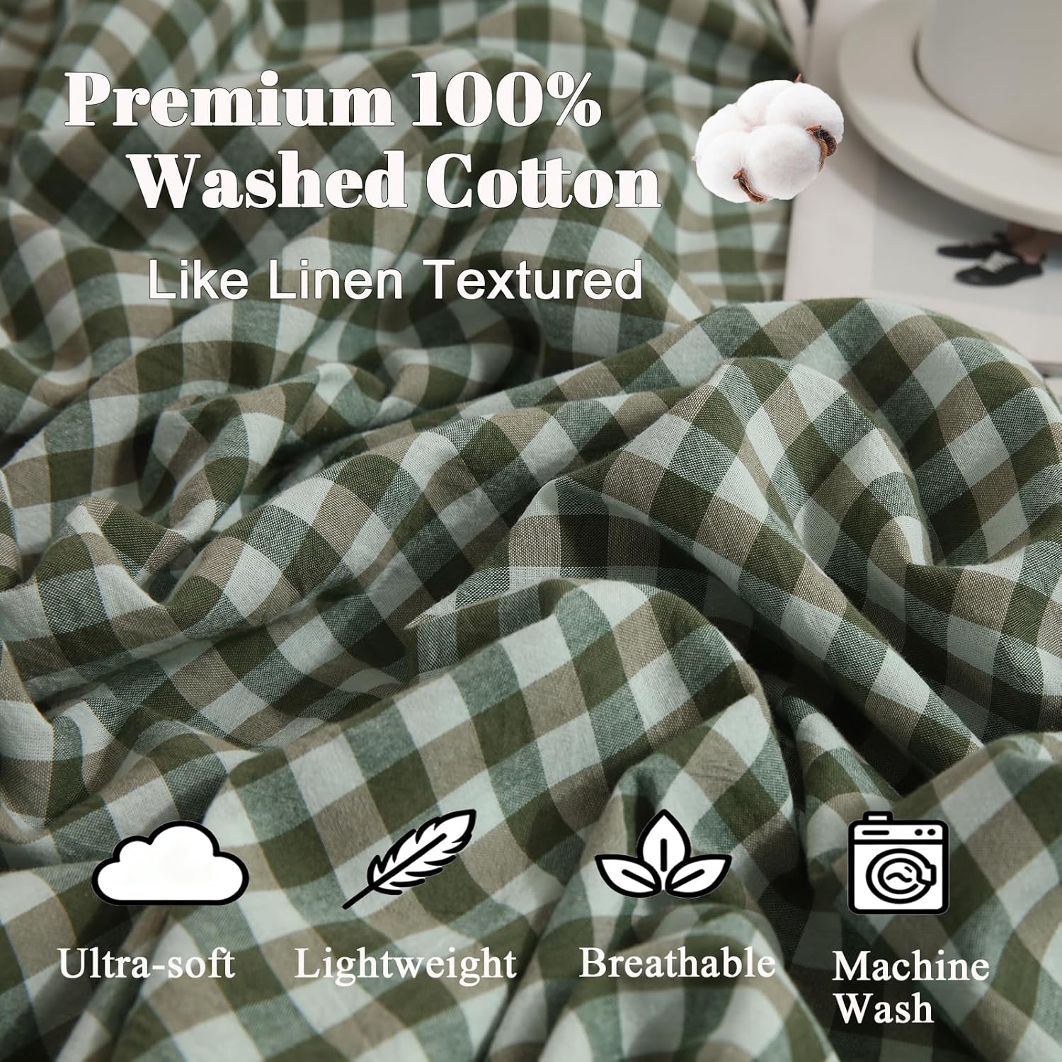 MorroMorn Green Gingham Duvet Cover Set 100% Washed Cotton Linen Like Soft, 3-Pieces Bedding Sets Comforter Cover & 2 Pillowcases - Breathable Durable Comfy Vintage Checkered Plaid (Queen 90"x90")