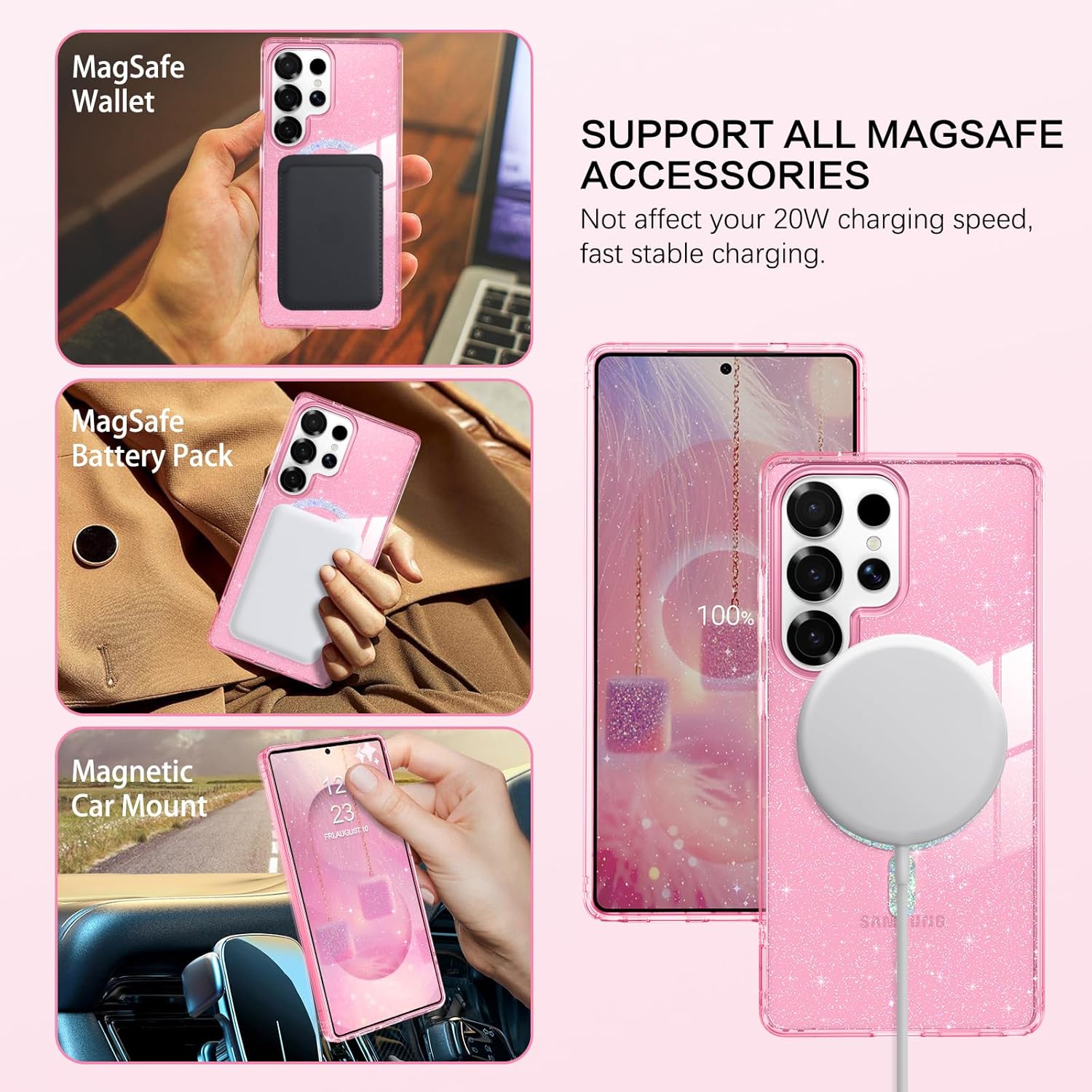 BENTOBEN for Samsung S25 Ultra Case Clear Glitter, Galaxy S25Ultra Magnetic Phone Case [Compatible with MagSafe] Shockproof S25 Ultra 6.9-inch Cute Cover for Women Girl, Shine Hot Pink Glitter - Image 3