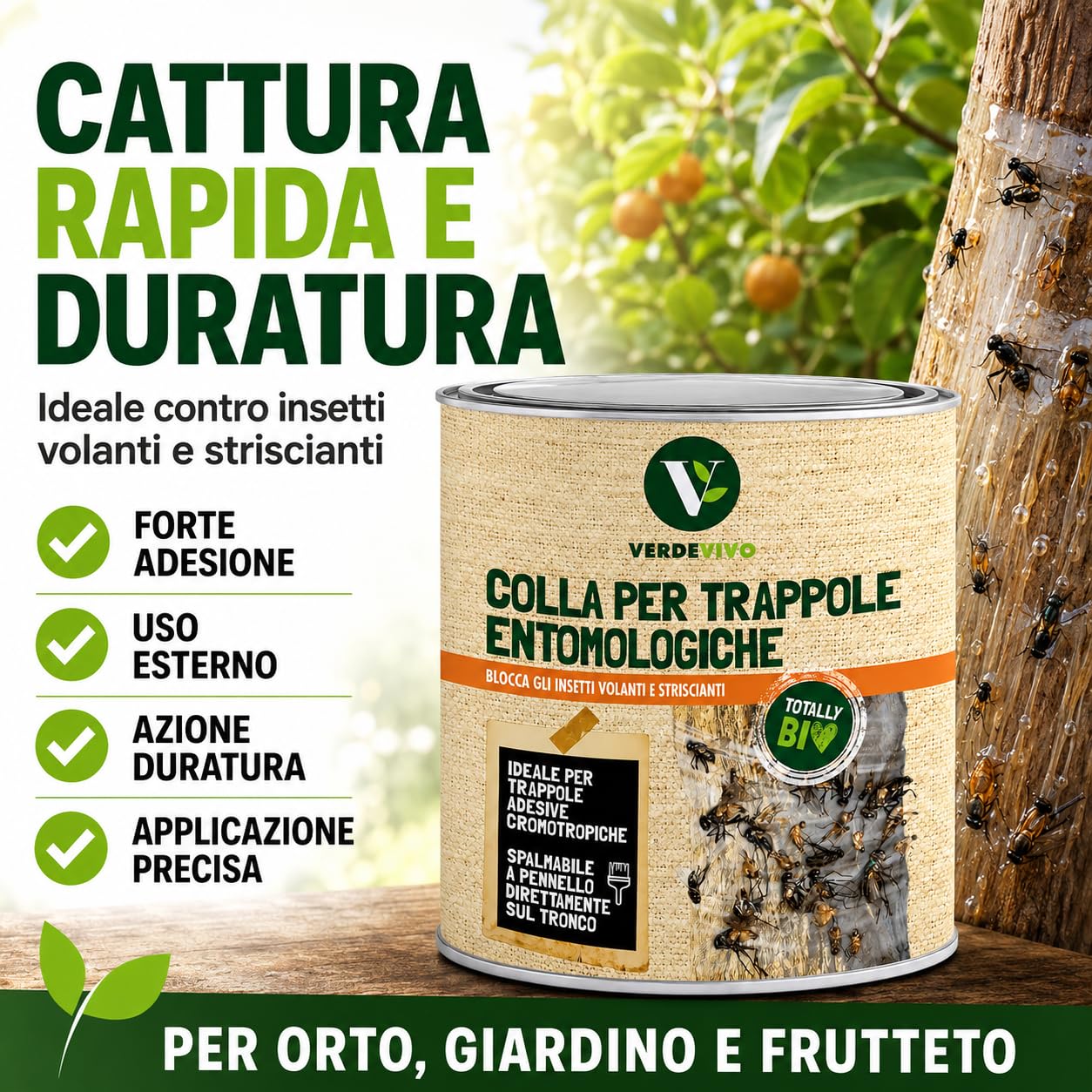 Colla Pennellabile per Insetti 750ml, Made in Italy - Colla per Trappole Cromotropiche Mosche e Insetti Volanti - Adesivo per Frutteto, Orto e Piante - Rimedio Insetti Striscianti e Giardino