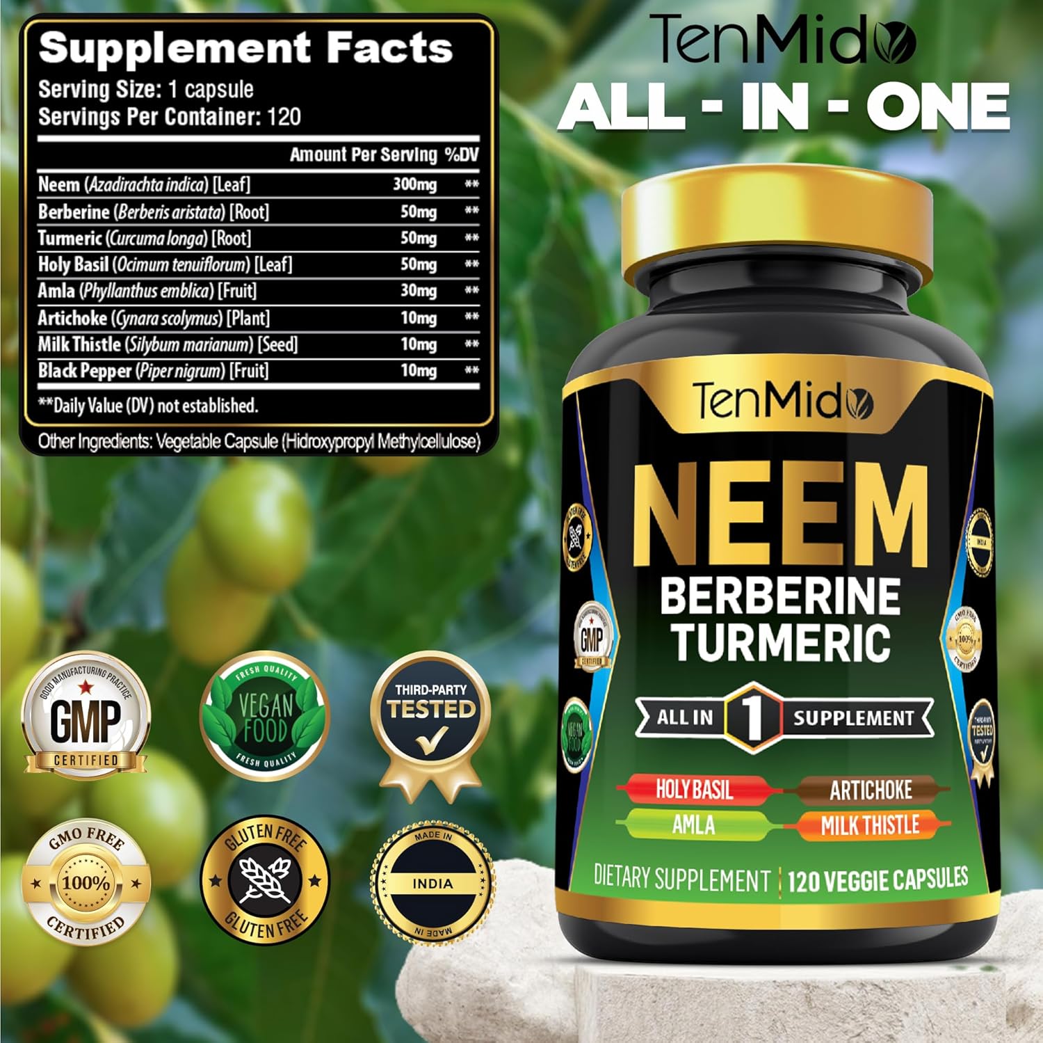 Neem Leaf Supplement - 8in1 Formula - Combine with Berberine, Turmeric, Holy Basil, Amla, Artichoke, Milk Thistle, and Black Pepper - Immune Support - 120 Capsules for 4 Months Supply - Image 2