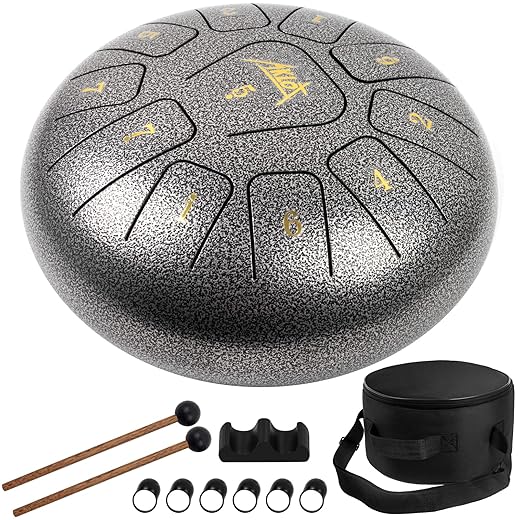 Steel Tongue Drum, AKLOT 10 inch 11 Notes Tank Drum C Key Percussion Steel Drum Kit w/Drum Mallets Note Stickers Finger Picks Mallet Bracket and Gig Bag