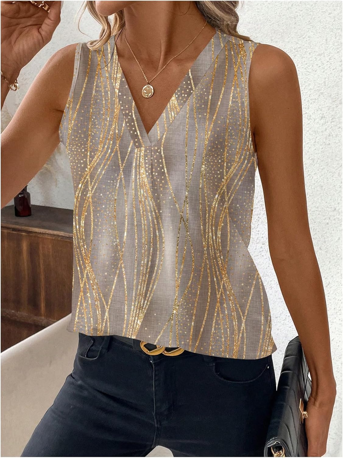 SHENHE Women's V Neck Sleeveless Blouse Patterned Summer Dressy Casual Office Shirt Top - Image 5