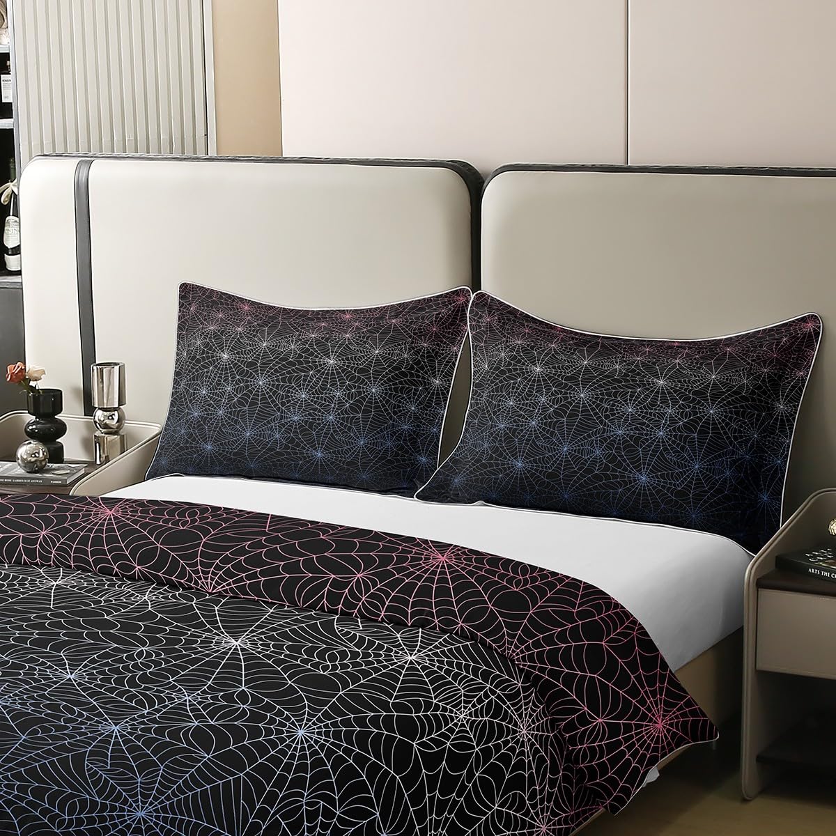 Set di biancheria da letto con motivo ragnatela nera, 100% cotone, per