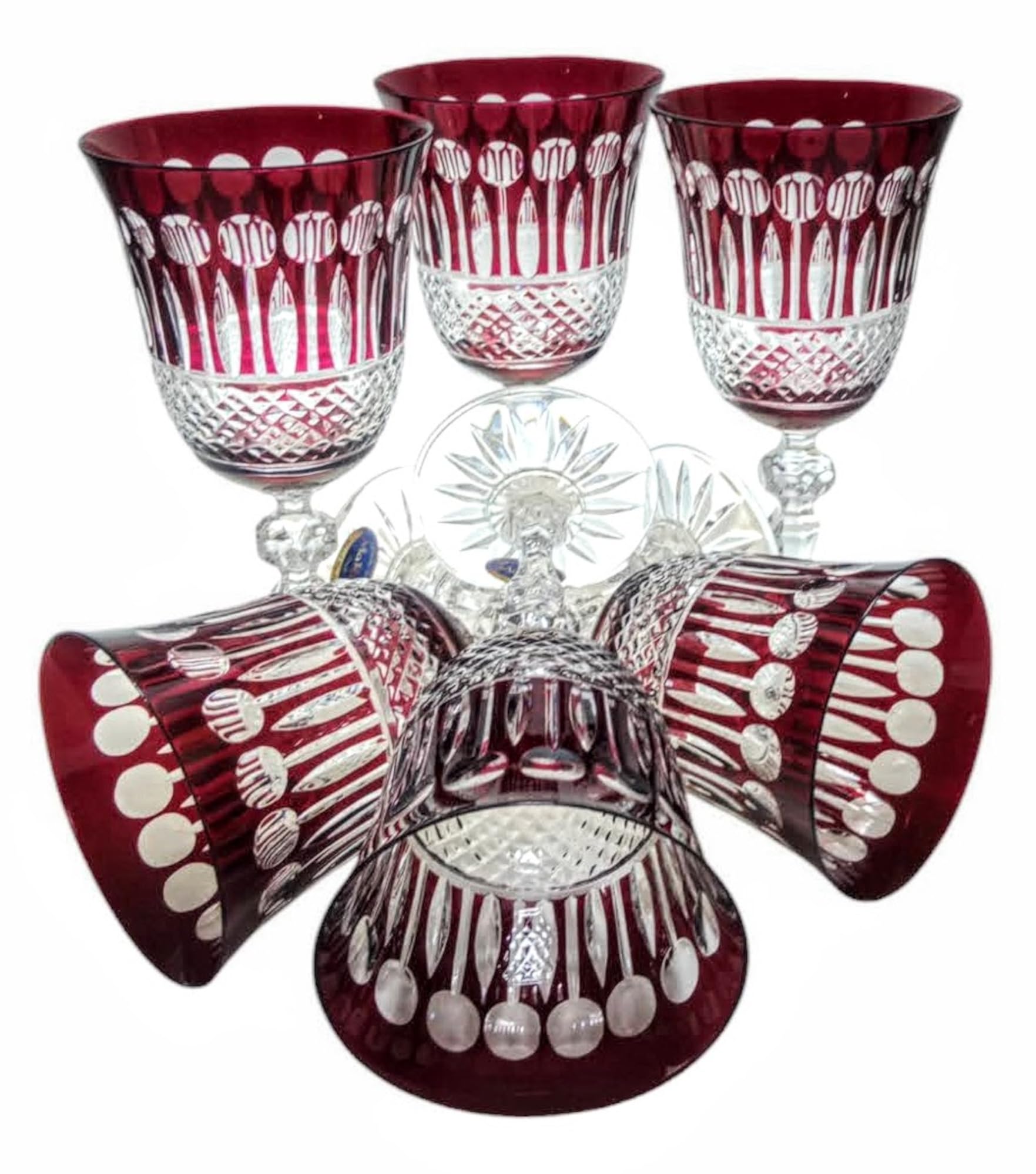 Exklusive Kristall Weingläser 220 ml – Handgefertigte Weinkelche mit Gravur – Luxuriöse Kristallgläser für Rotwein & Wasser – Set mit 6 Gläsern in Geschenkbox - Rubin