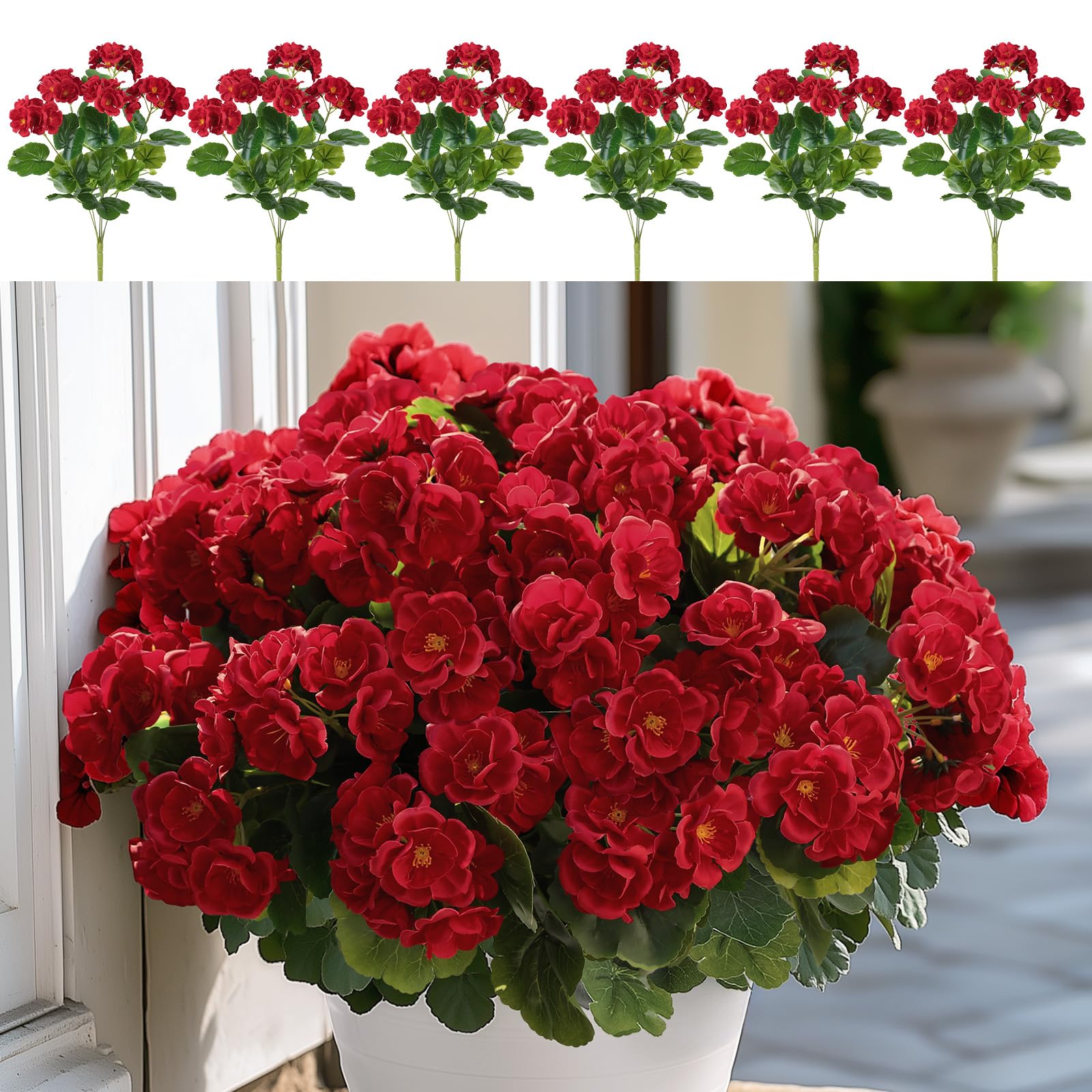 Alupssuc 6 Bundles Artificial Flowers for Outdoors Decoration Silk Geranium, UV Resistant Artificial Outdoor Fake Plants, Faux Flowers for Home Kitchen Table Indoor Outside Spring  image 5