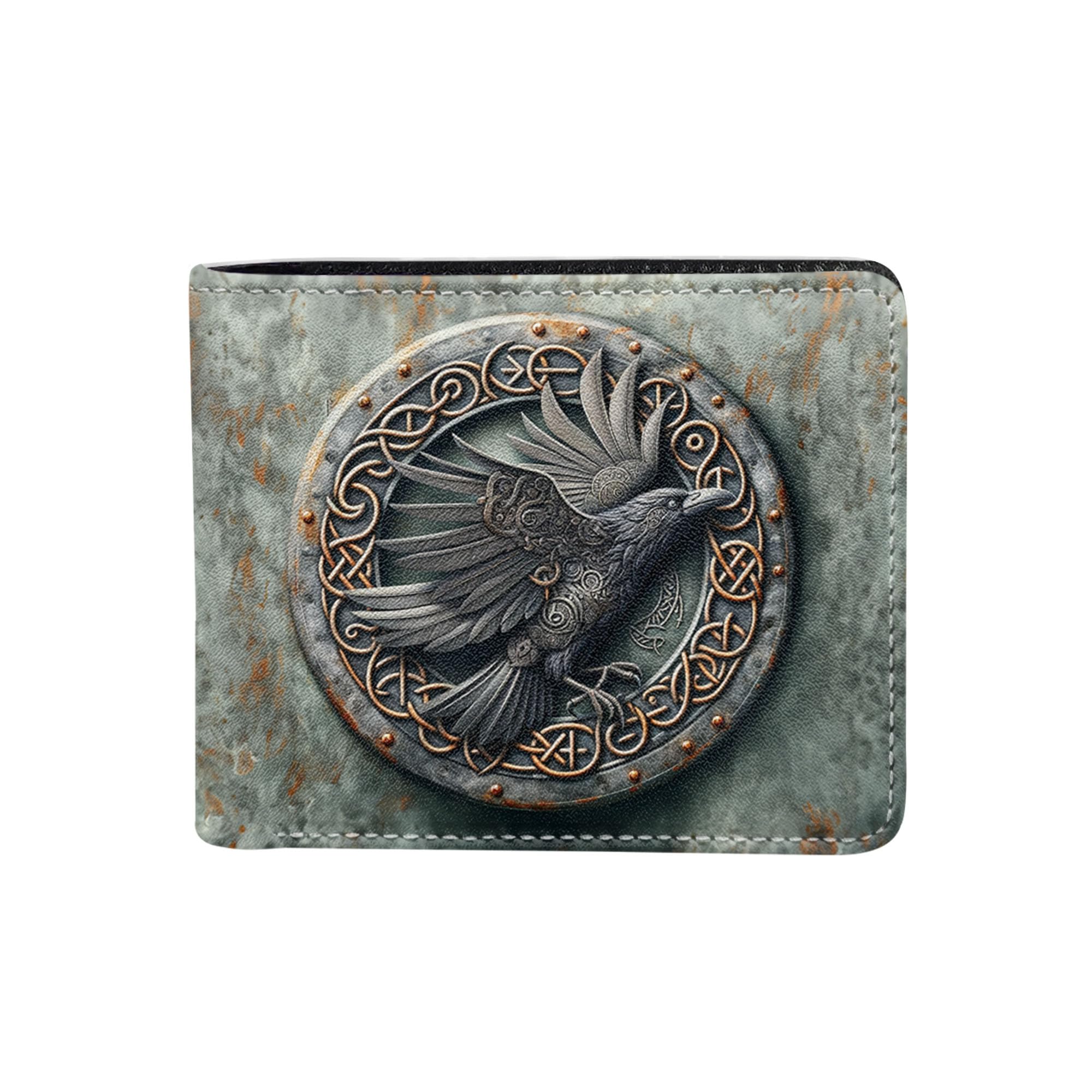ORCAE Viking Raven, Norse Raven Leather Men Bi-fold Wallet, Slim Card Holder, Gifts Wallet for Men - D