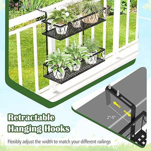 Miniatura 3 de LDAILY Estante colgante de flores de 2 niveles, soporte colgante para macetas con ganchos ajustables, estante de cesta de barandilla, contenedor de