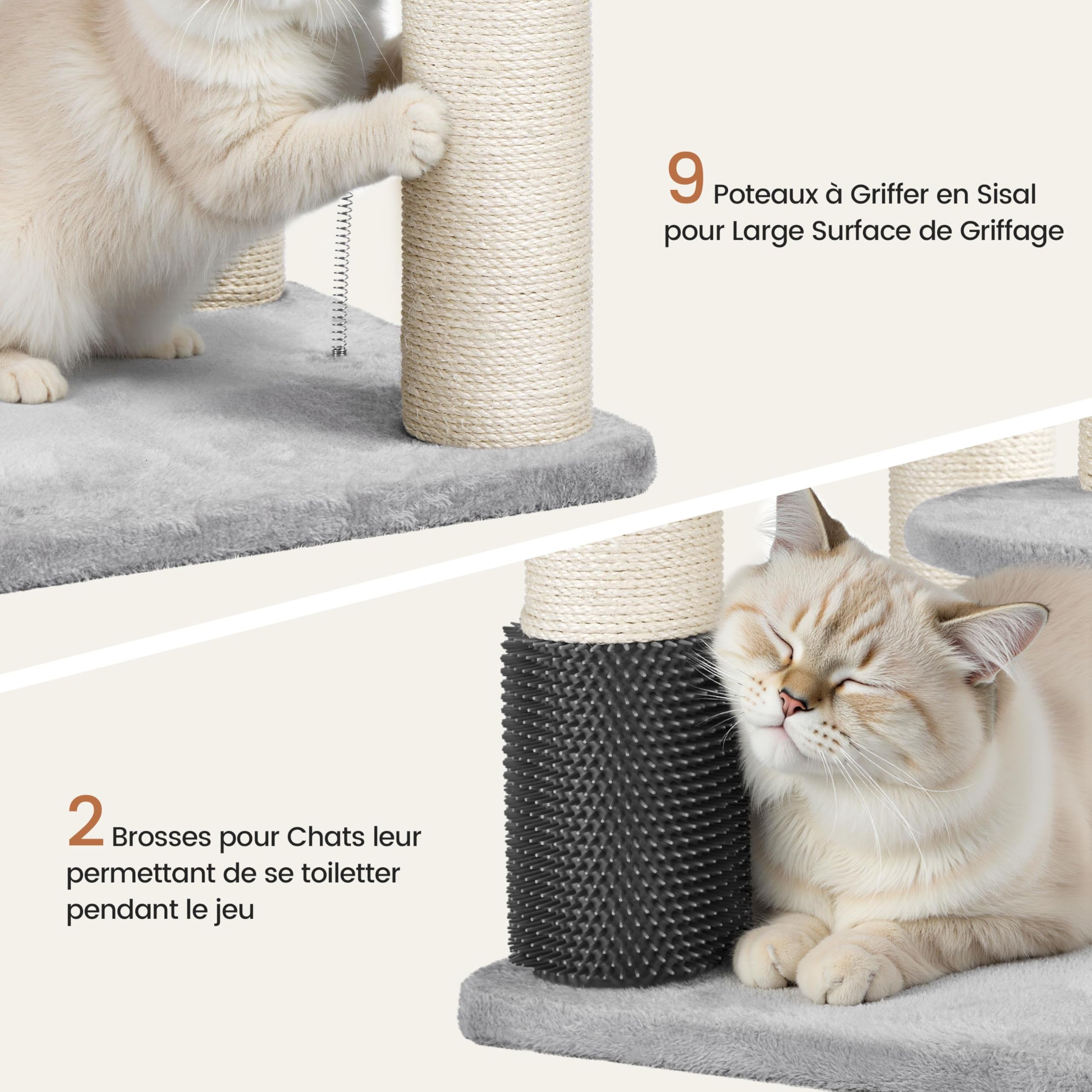 Abician Arbre à Chat XXL, Tour de Jeux pour Chat 25 KG, 56×56×160 cm, avec Griffoirs/Grande Niche/2 Panier/Perchoir/2 Jouets, Poteaux en Sisal 11 cm Ø Gris Clair/Beige