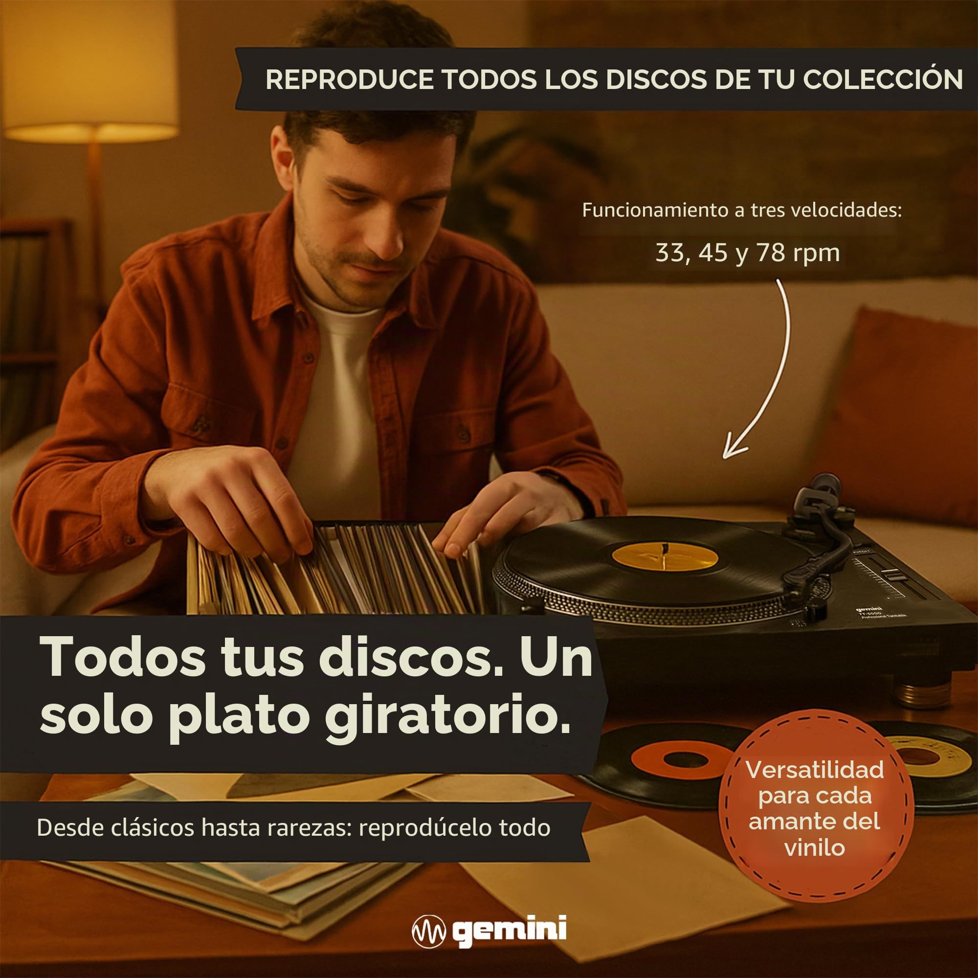 Gemini Sound TT-5000 Tocadiscos de accionamiento Directo de Alto par con USB, Vinilo digitalizado, preamplificador Fono Integrado, 33/45/78 RPM, Control de Tono, Listo para DJ