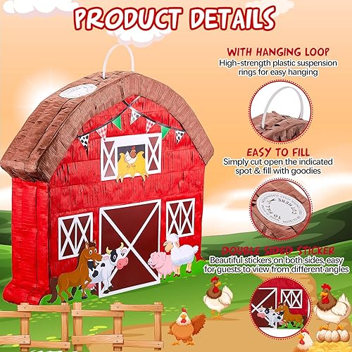 Miniatura 3 de El juego de piñata de granja incluye piñata de granero palo de murciélago confeti y máscara de ojos vendados para fiestas de cumpleaños de granja
