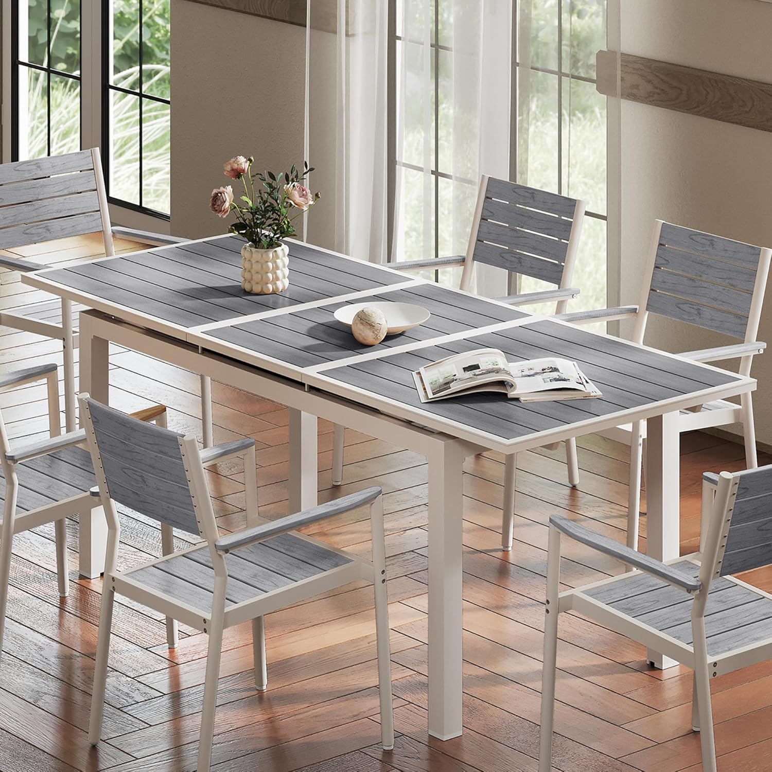 Outdoor Dining Table, 63"-83" Patio Extendable Dining Table with Grey Wooden-Like Top and White Aluminum Frame, Rectangular Table Outdoor Furniture