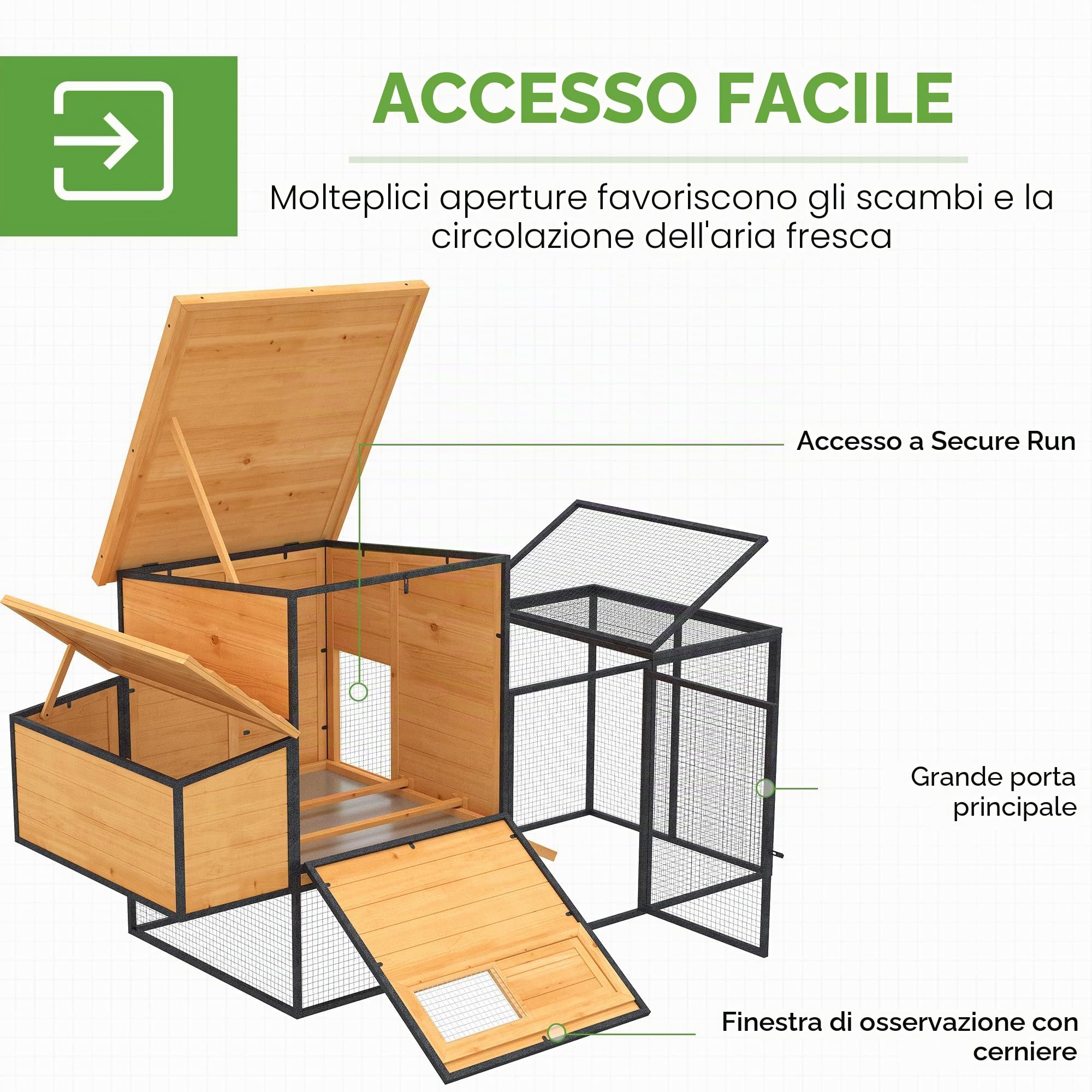 PawHut XXL Pollaio Legno 3-5 Galline Recinto 192x81,5x104cm Arancione | Acciaio, tetto apribile, nido, vassoio per rifiuti, riparo esterno per polli.