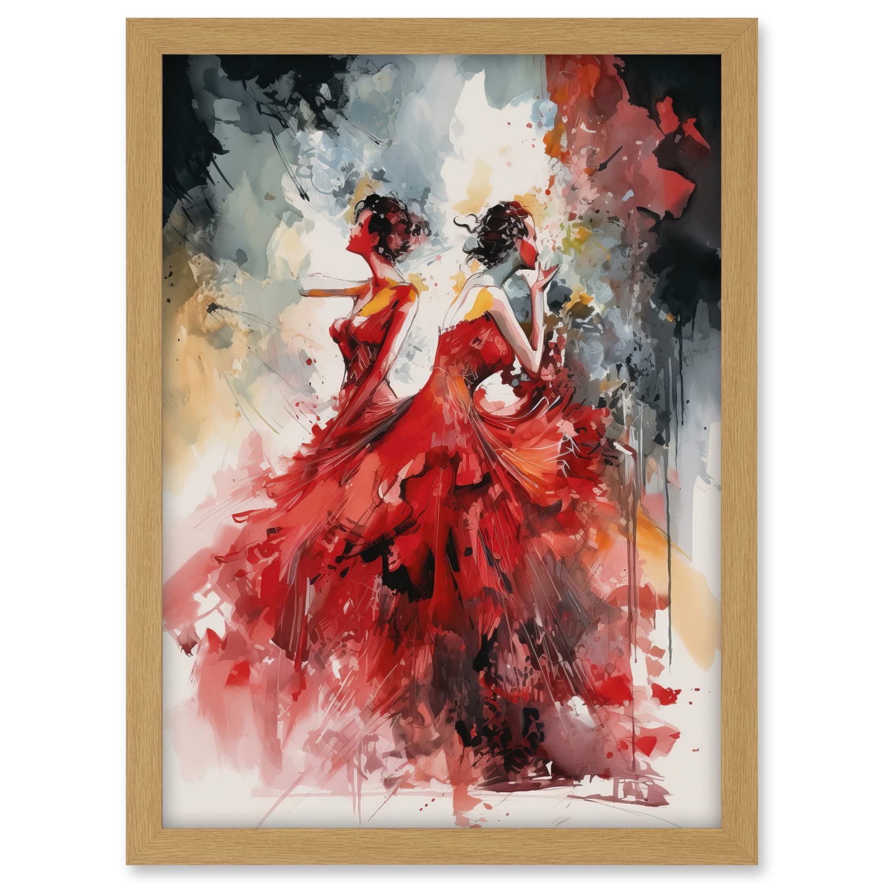 Artery8 Flamenco Music Female Dancers Dancing on Stage in Red Dresses Modern Watercolour Painting Artwork Framed A3 Wall Art Print