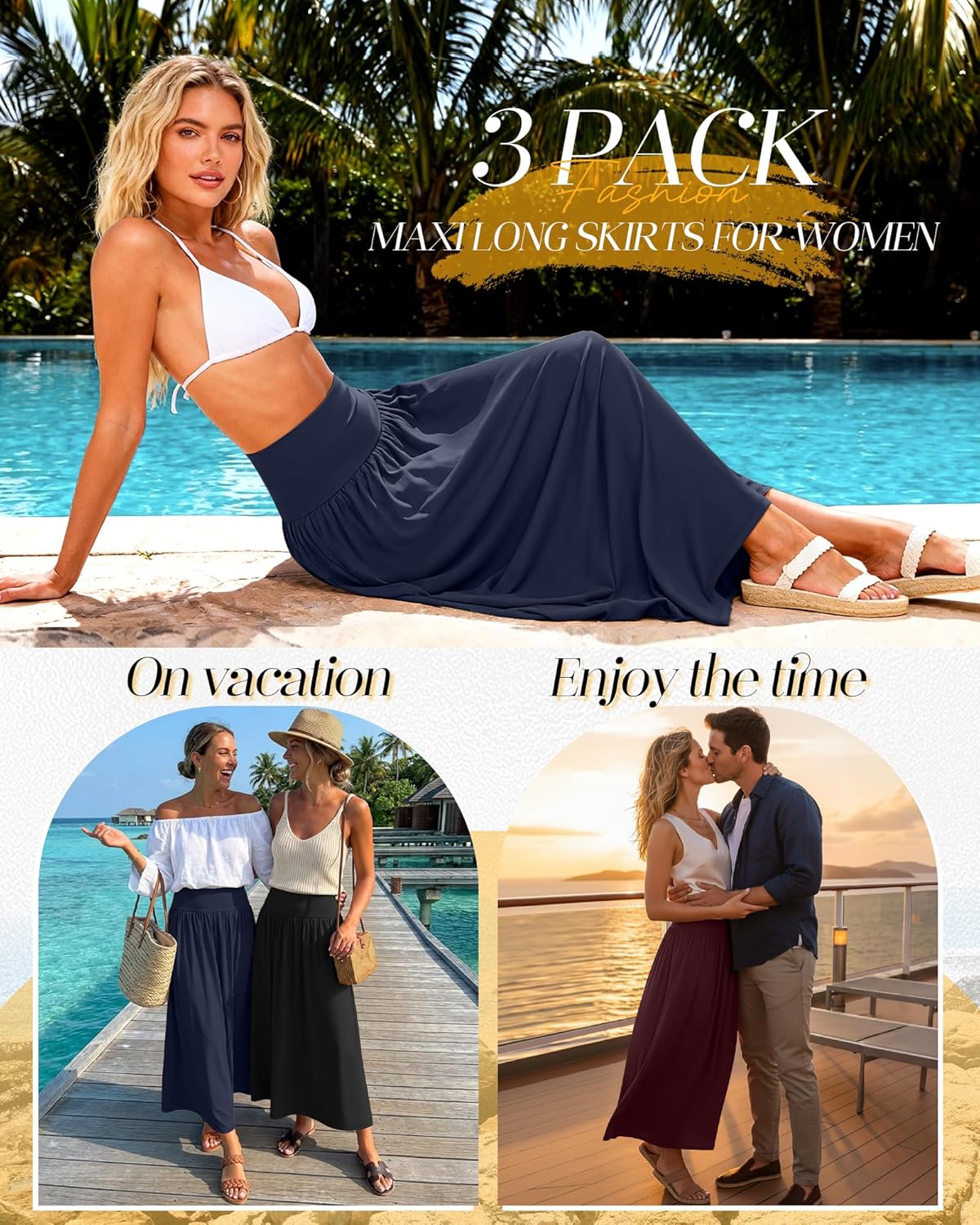 Ficerd 3 Pack Maxi Long Skirts for Women, Ankle Length High Waisted Pleated Flowy a Line Summer Casual Skirts with Pockets - Image 3