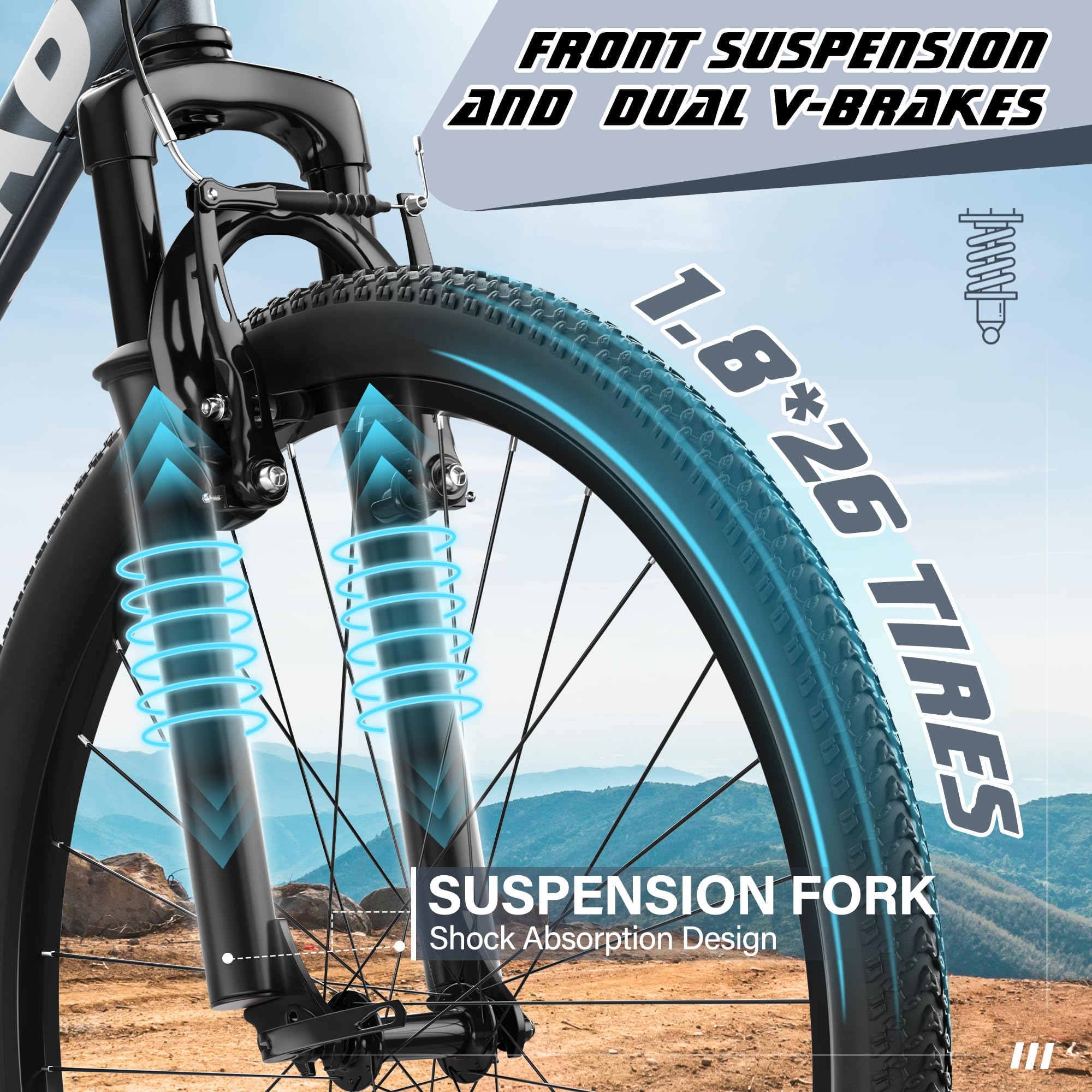 Betterland 26 Inch Mountain Bike, 7-Speed Adult Bike with Dual V Brakes, Outdoor Cycling Bike with High Carbon Steel Frame and Front Suspension, Adjustable Ergonomic Seat for Bicycle