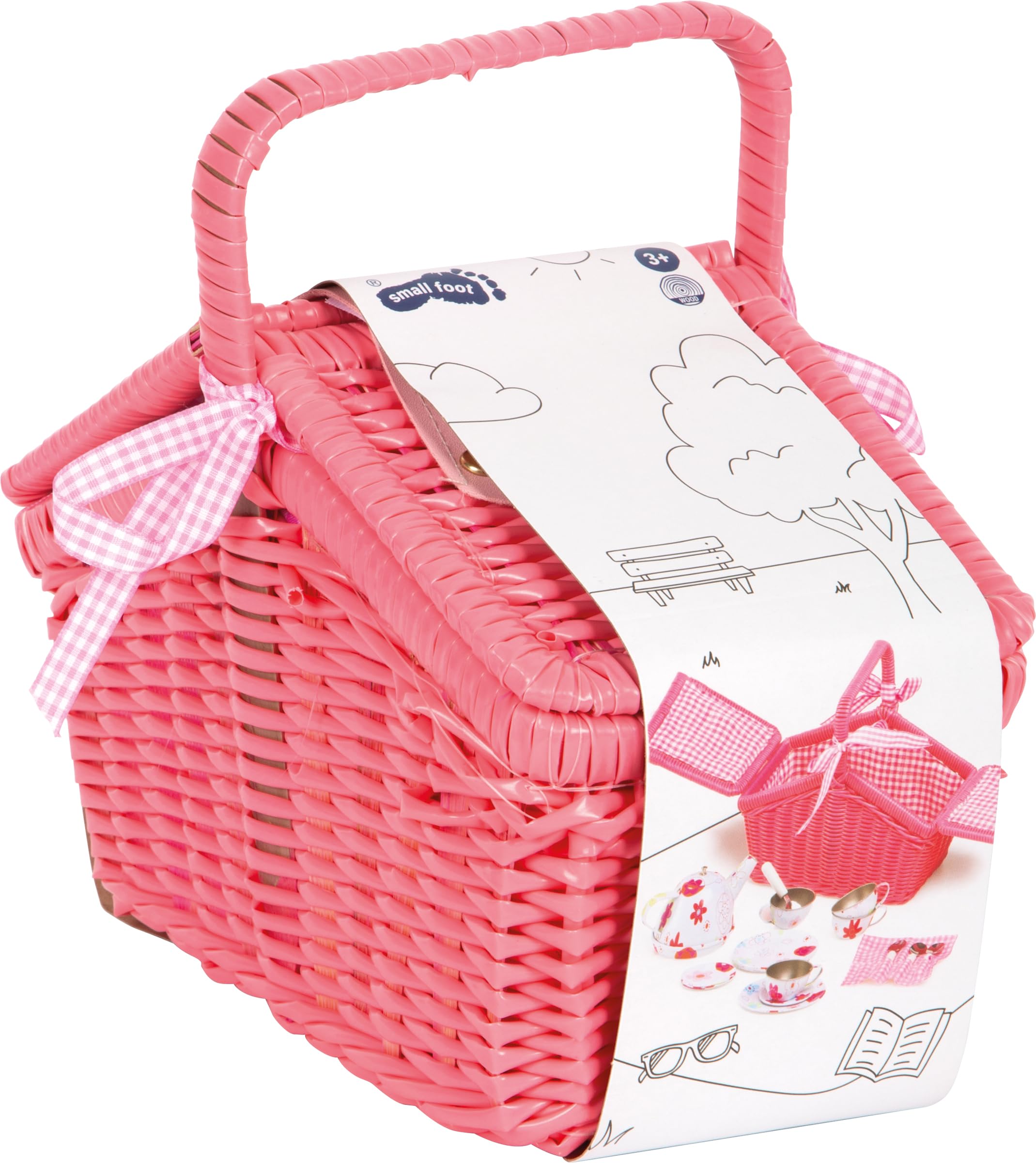 Small Foot 9980 Panier pique-nique en bois tressé avec accessoires, set de vaisselle pour enfant 20 pcs, à partir de 3 ans, Blanc