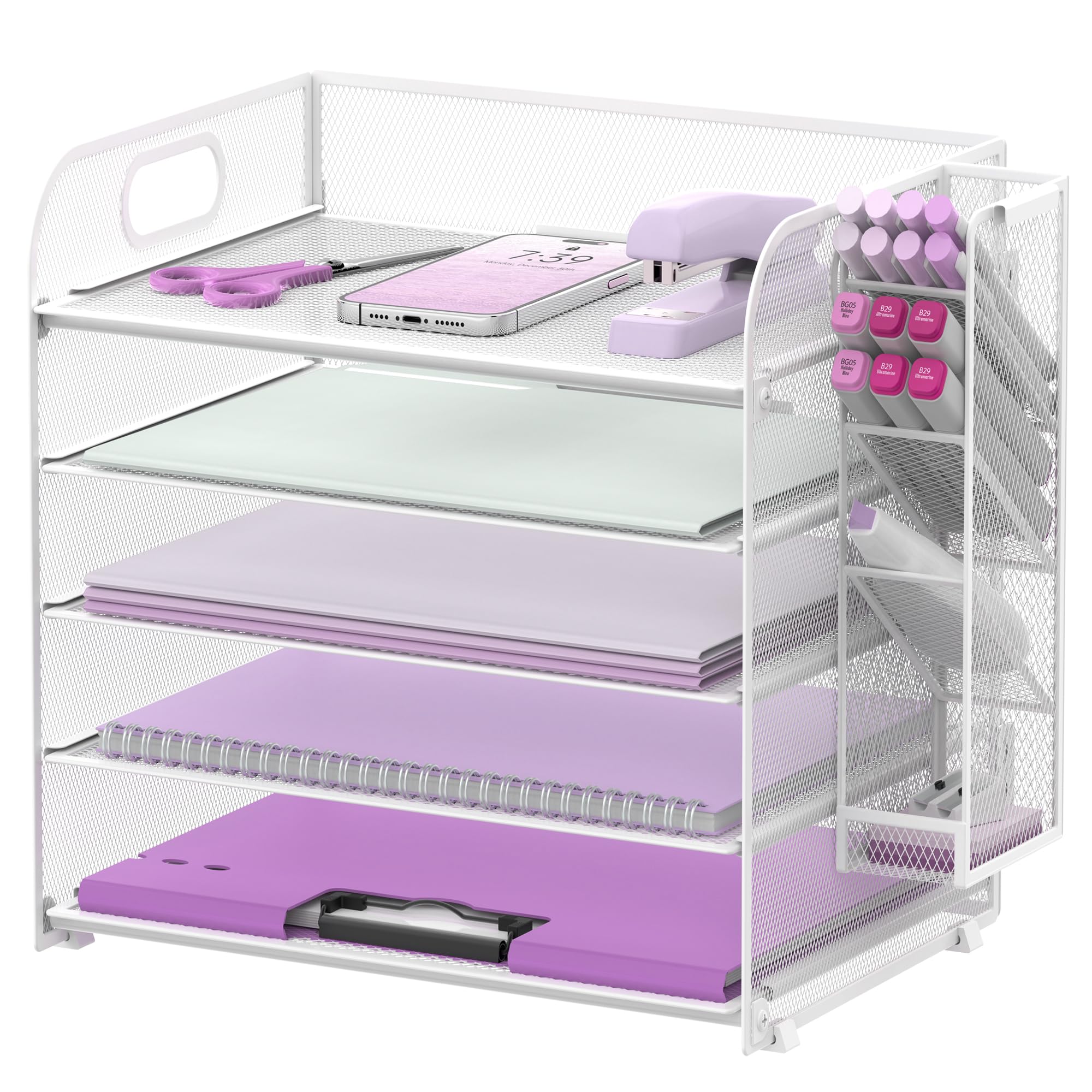 Supeasy White 5 Tier Desk Organiser With Handle & Removable Pen Holders, Mesh Paper/File Holder For Desk, Paper Letter Tray Organiser For Office Supplies,