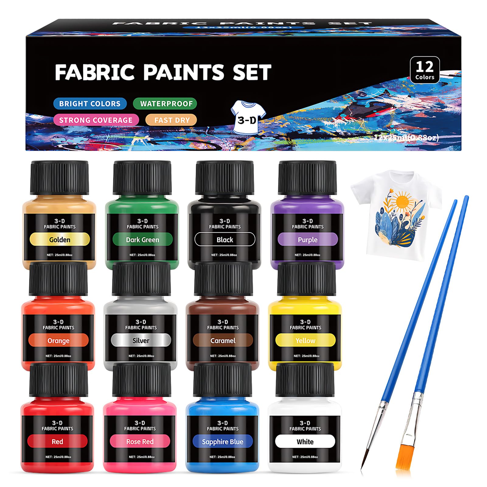 Peinture tissu permanente imperméable pour t-shirt et customisation textile de 12 couleurs