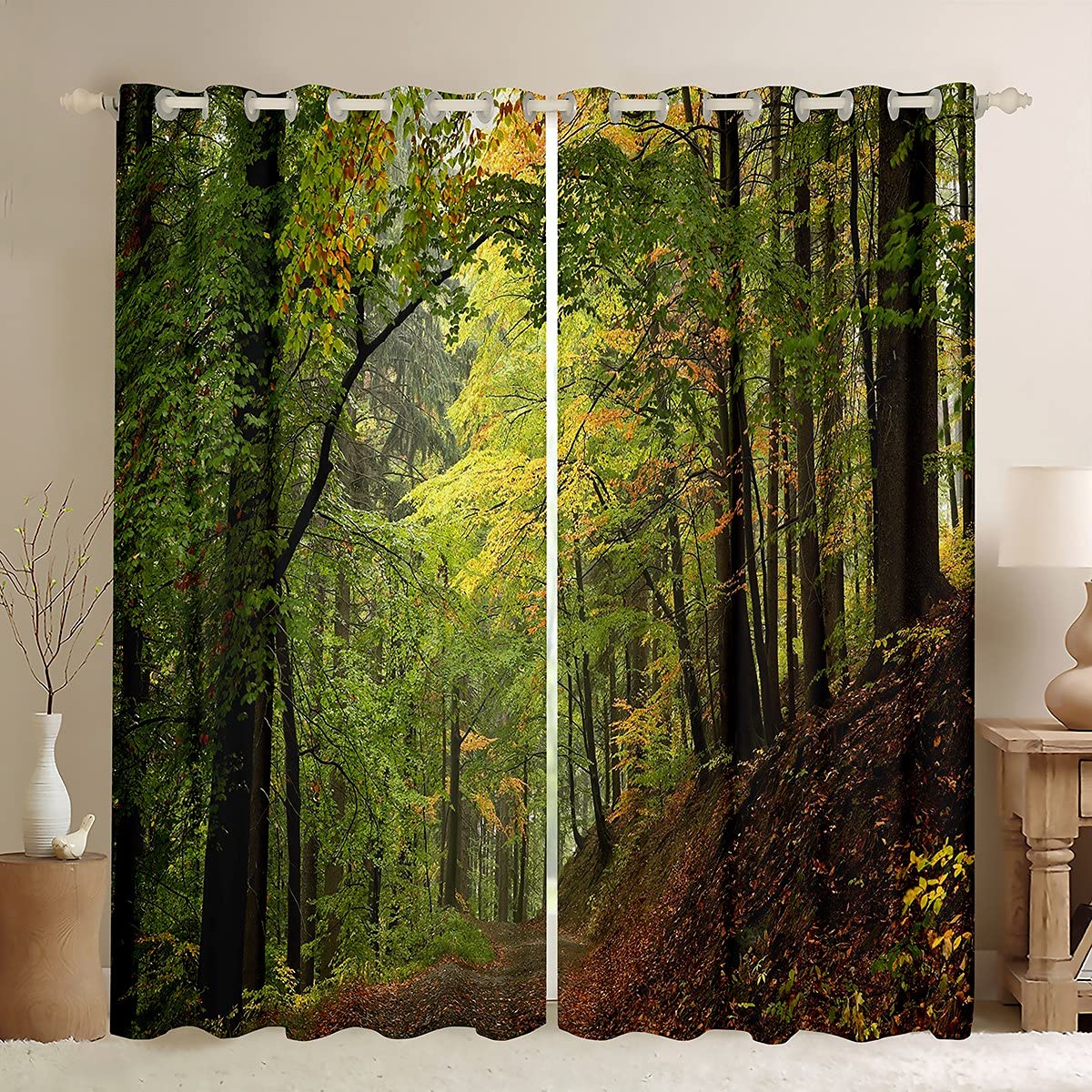 Loussiesd Forest Curtains Autumn Forest Window Drapes for Teens Kids Men Trees Foggy Print Window Treatments Woodland Scene Window Curtain Room Decor W46*L72