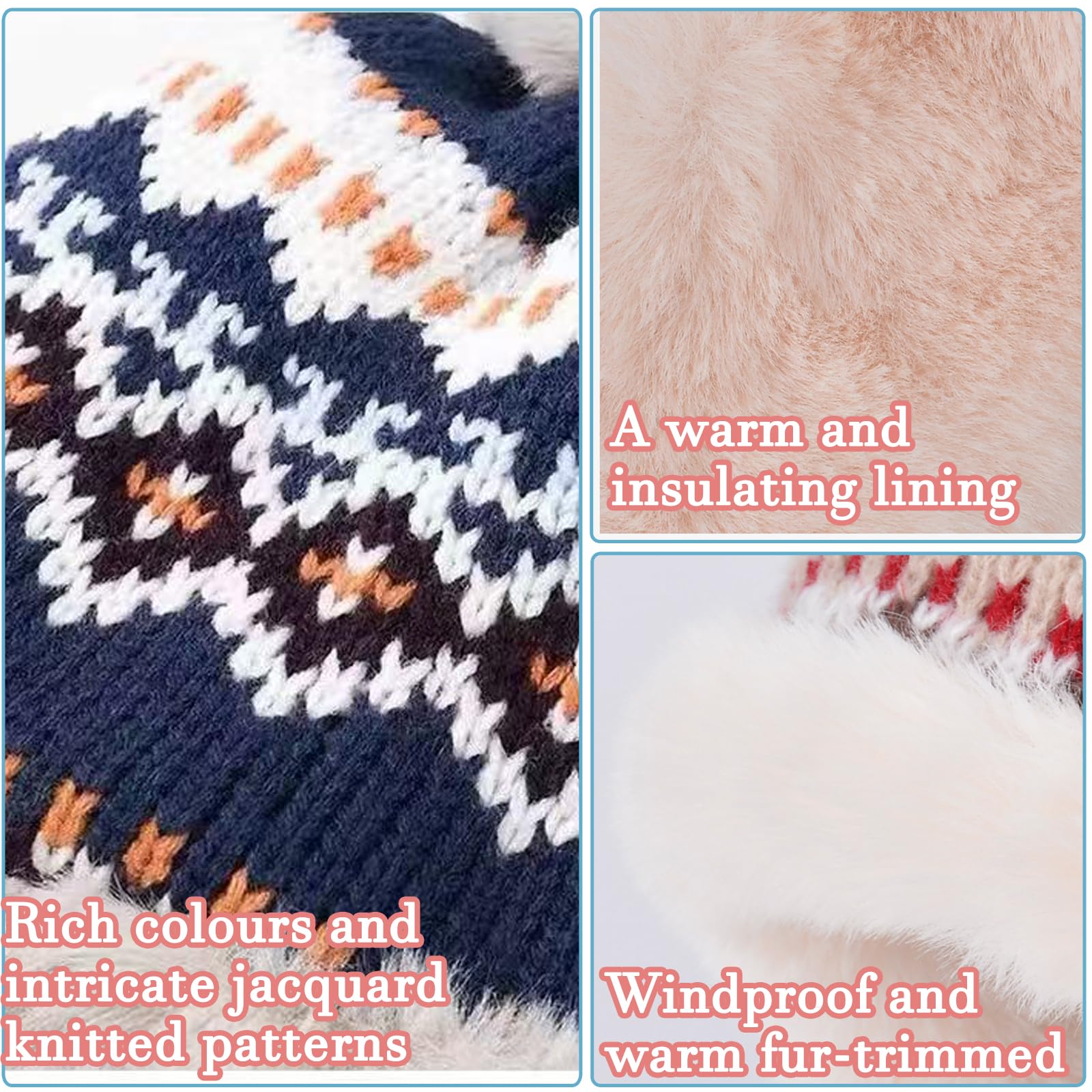 Damen Winter Strickmütze mit Ohrenklappen Winddichte Fleece Gefüttert Trappermütze Thermo Dicke Skimütze mit Ohrenschützer Wintermütze mits Kunstpelz Bommel Kinnriemen Wintermütze für im Freien