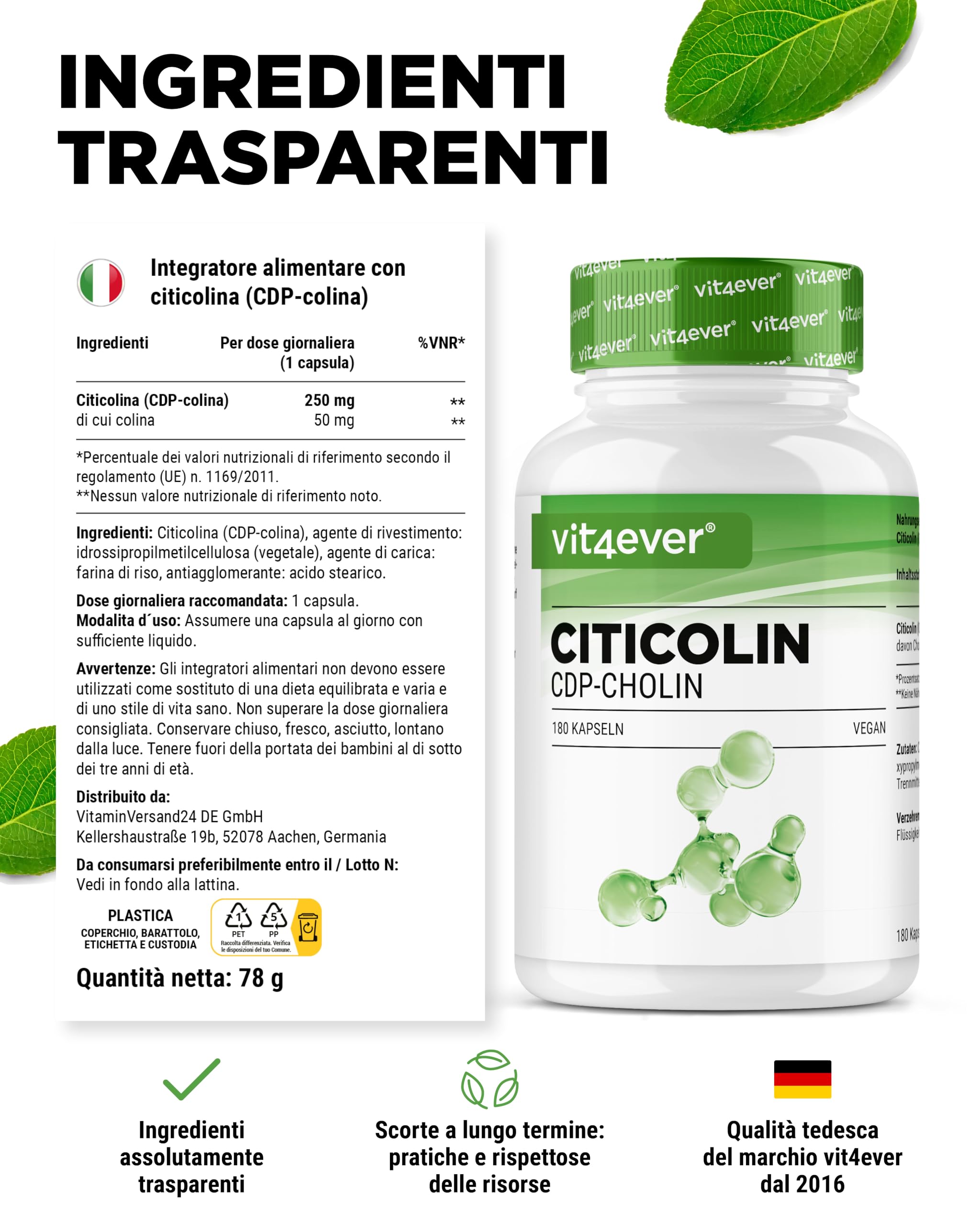 vit4ever CDP Choline (Citicoline) 250 mg - 180 Gélules - Hautement Dosé et Forme Bioactive de Choline - Vegan, sans additifs inutiles