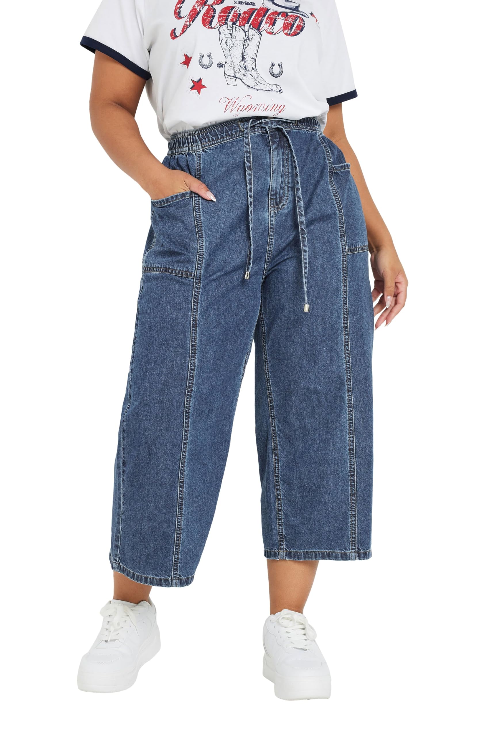 Yours Women's Blue Curve Wide Leg Cropped Denim Jeans - Plus Curve 30-32 Plus