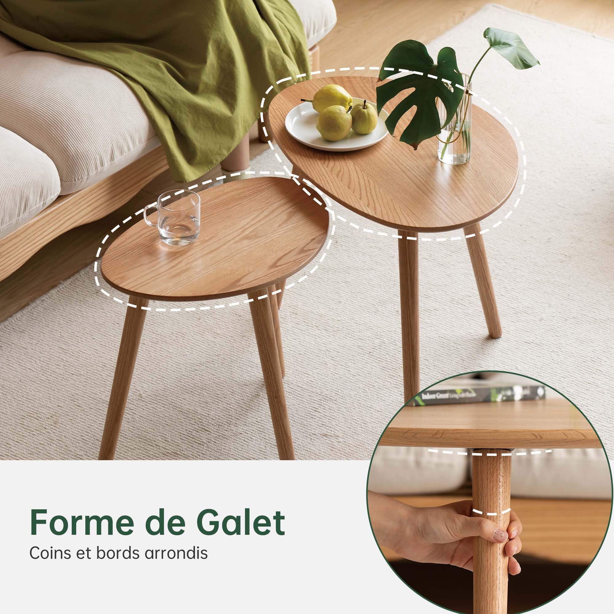 YESWOOD Lot de 2 Tables Gigognes Ovales Chêne Massif, Chêne Naturel | Design Galets, Table Basse, Table d'Appoint, Pour Salon, Balcon
