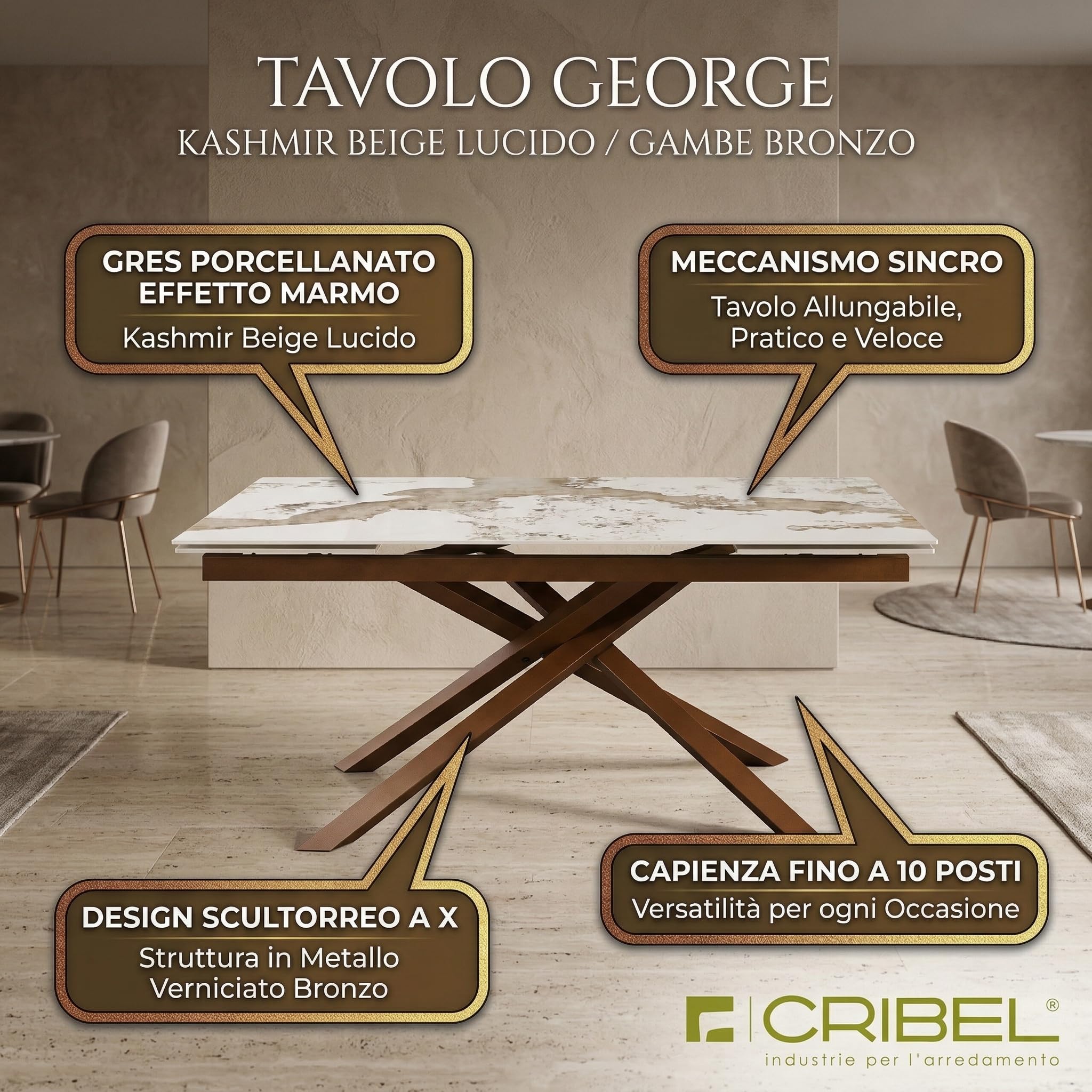 Cribel George Tavolo Allungabile Con Piano in Gres Porcellanato Effetto Marmo Kashmir Beige Lucido E Gambe Bronzo, Tavolo Da Pranzo Moderno 160-240x90x75 Cm