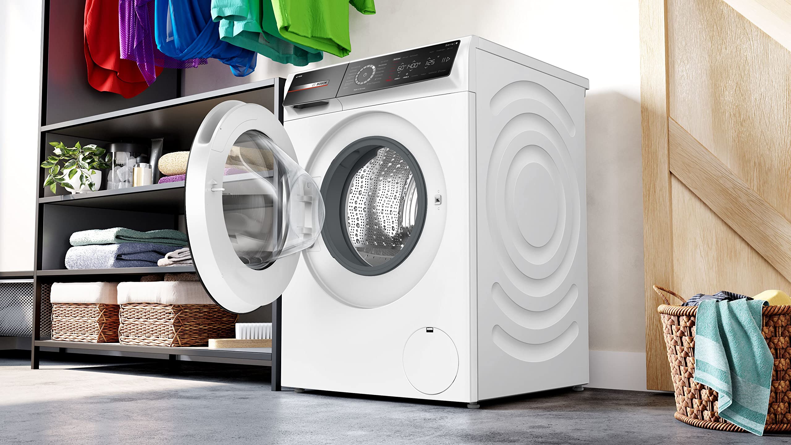 Bosch WGB244A40 Serie 8 pralka ładowana od przodu 9 kg, 1400 obr./min, Made in Germany, Speed Perfect, i-DOS ze skanowaniem środków piorących, Iron Assist – redukuje zagniecenia, Mini Load, Home