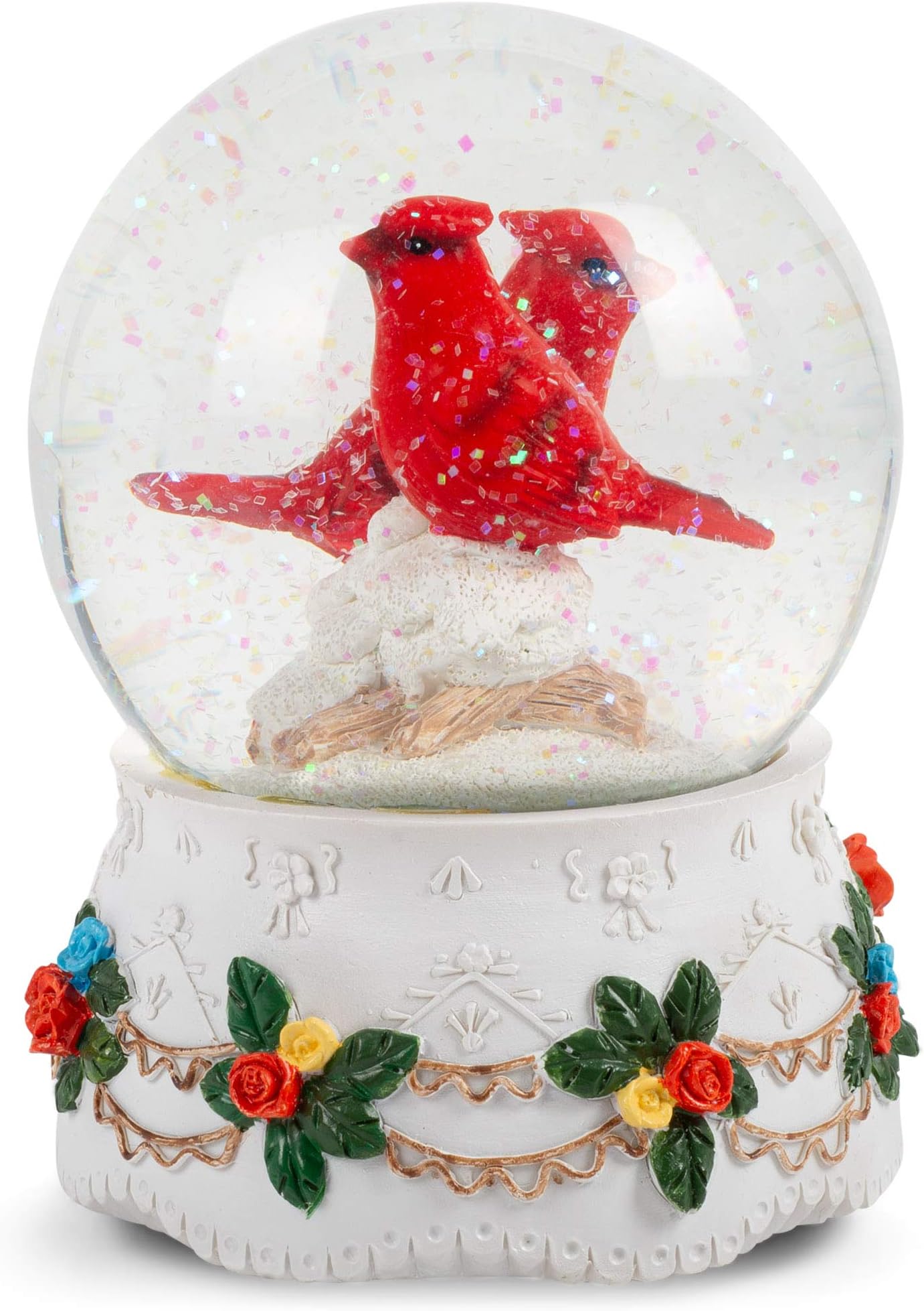 Sculptured Red Cardinal Pair Snow Globe -Love Story Water Ball Music Box 5 1/2" High