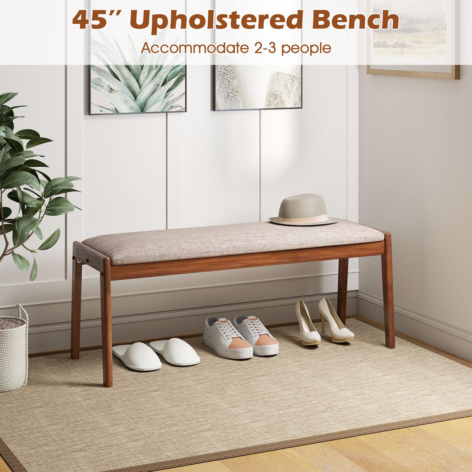 Giantex 45" Upholstered Entryway Bench with Rubber Wood Legs & Fabric Padded Seat, 400Lbs Capacity, Farmhouse Dining Bench for End of Bed, Hallway, Bedroom, Kitchen, Dining Room, Beige