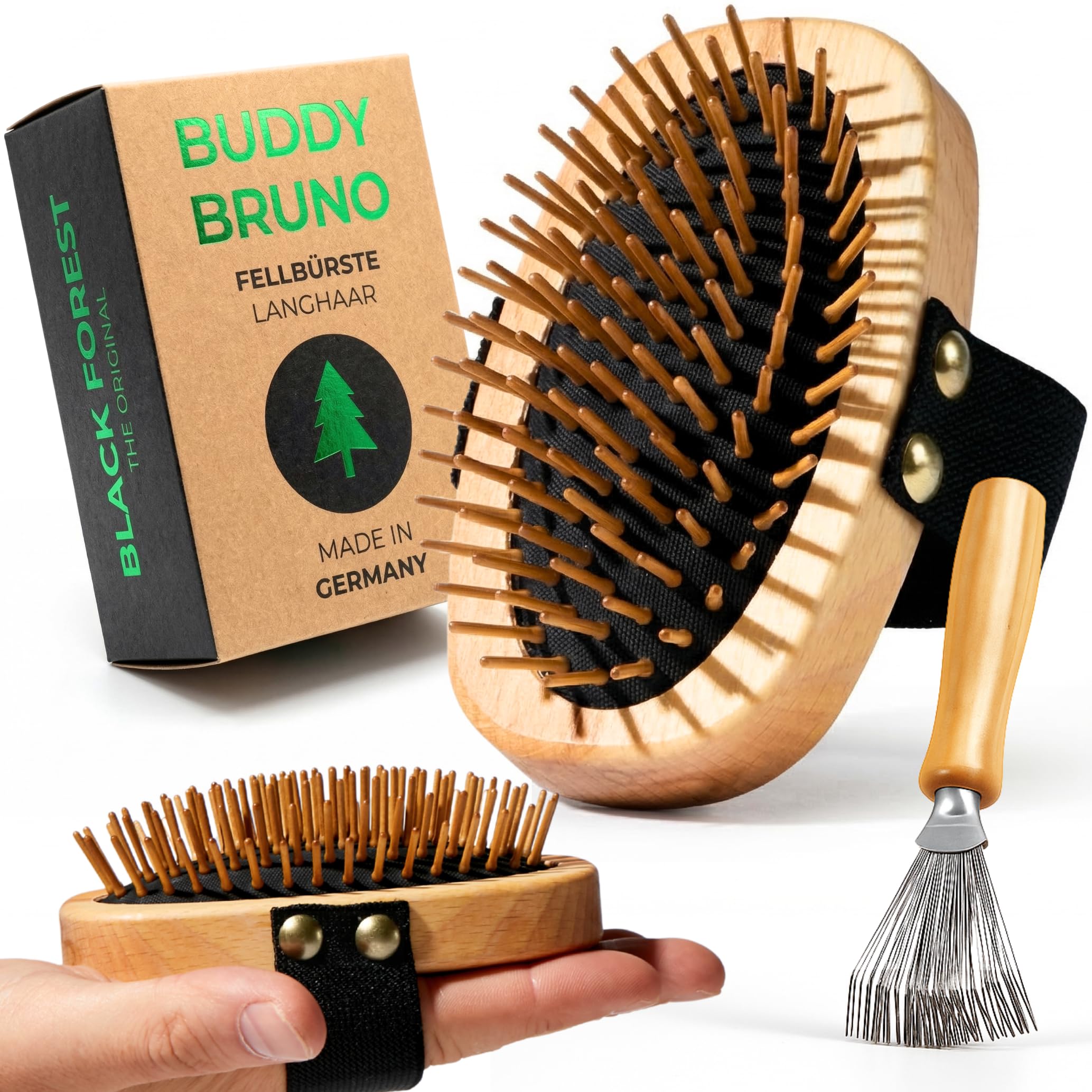 Hundebürste Langhaar - Detangle Pure, Made in Germany, 100% Naturborsten, sanfte Fellbürste ohne Ziepen zum Entfilzen & Glätten, FSC® Holzgriff, inkl. Bürstenreiniger