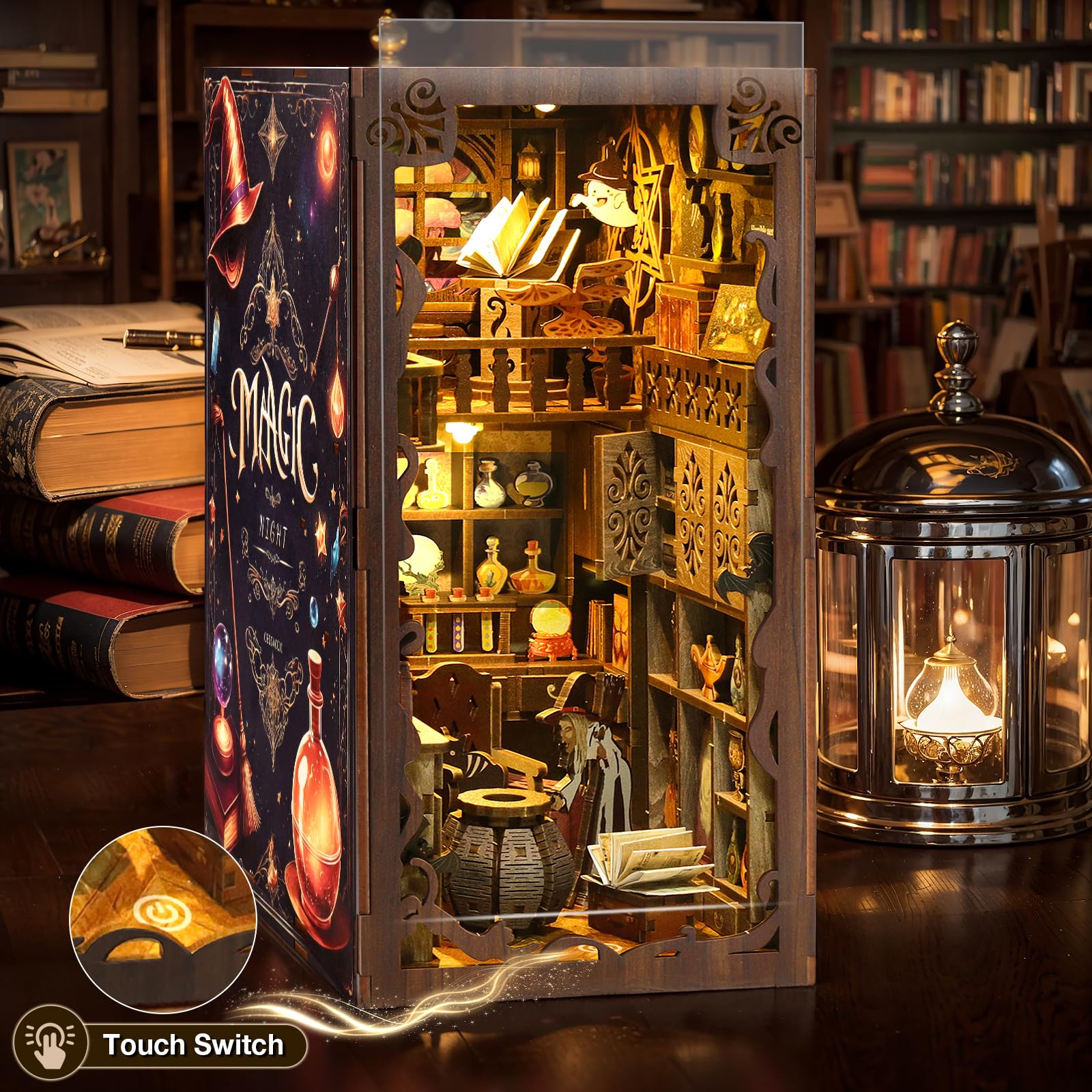 Book Nook Kit, DIY Miniature House Kit with Dust Cover LED Light 3D Wooden Puzzle Bookends Crafts Bookshelf Decoration Gift for Adults and Teens (Magic Night)