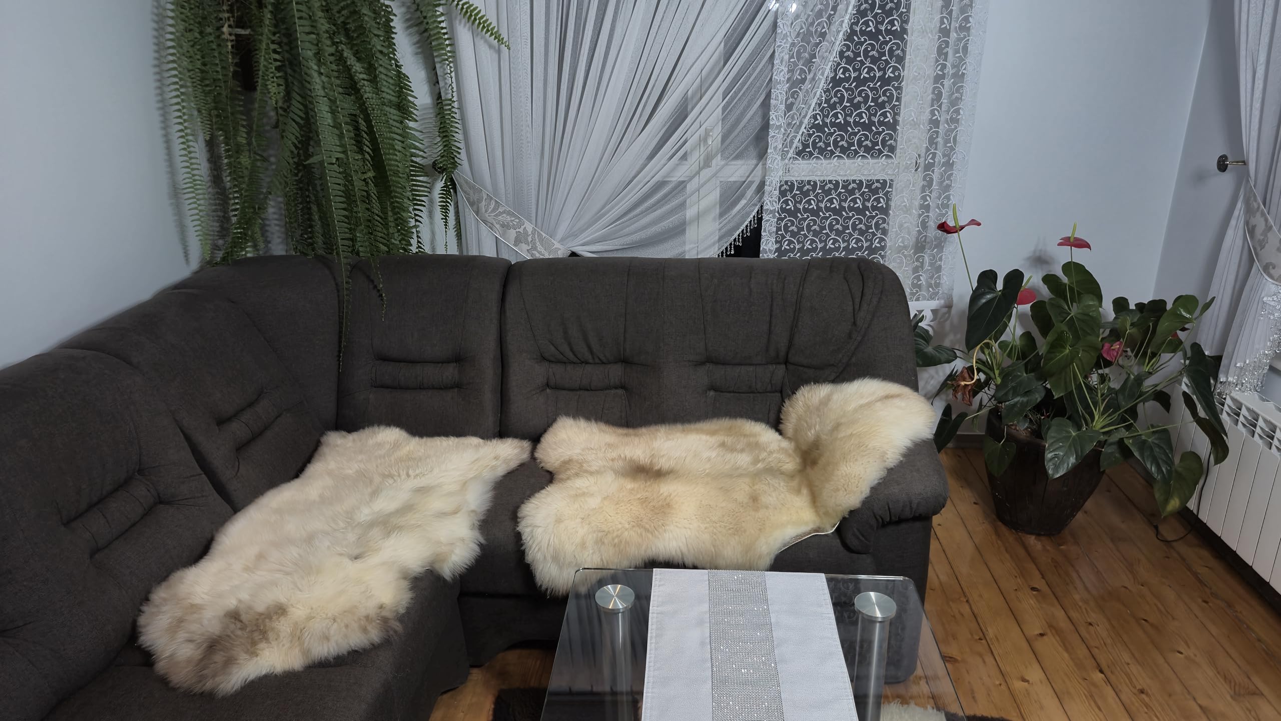 Peau d'agneau naturelle jaune chiné - Véritable peau de mouton unique - Tapis décoratif de qualité supérieure et jeté de fauteuil - Fourrure douce à poils longs d'environ 6 cm - Écologique
