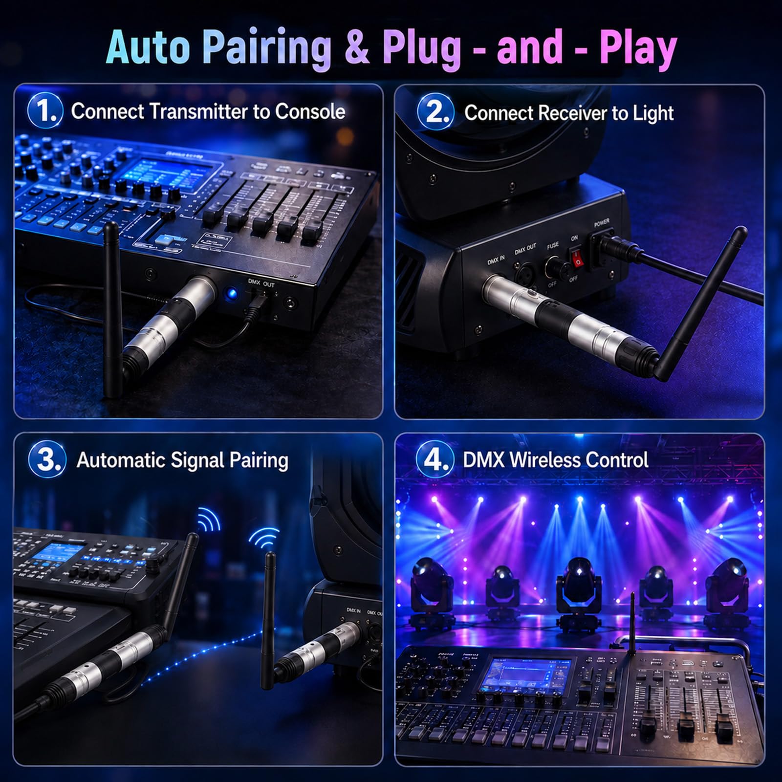 4Pcs Controlador DMX Inalámbrico, Transmisor/Recibidor Inalámbrico DMX512 LED, Controlador de Iluminación LED con Controlador DMX para Barras de luz de Escenario Luz de Cabeza Móvil