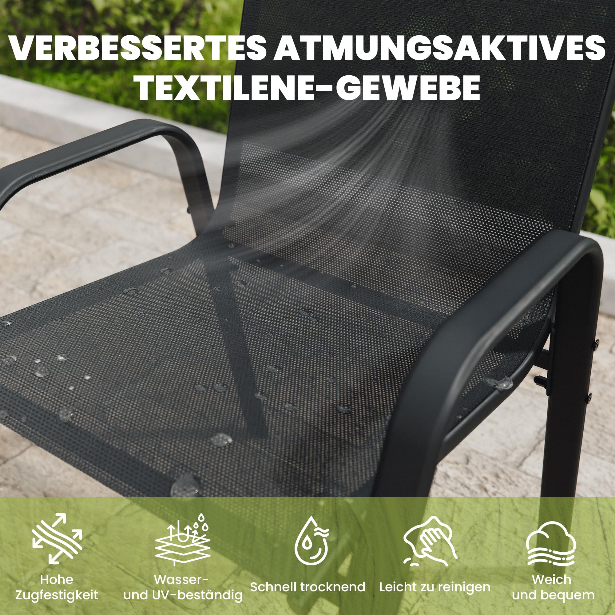 ALAULM Hochlehner Gartenstühle 4er Set Stapelbar, Wetterfeste Terrassenstühle mit Armlehnen, Atmungsaktives Textilene & Stahlgestell für Garten, Balkon, Terrasse, Poolbereich (Schwarz)
