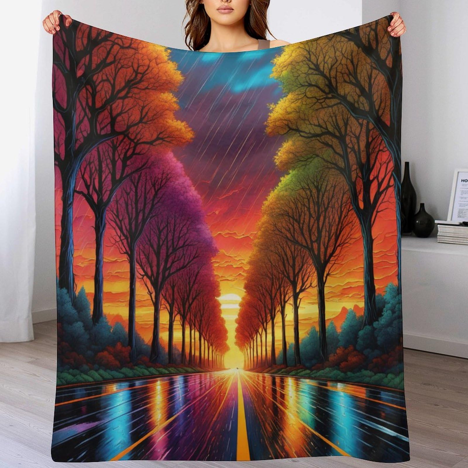 Couverture de canapé polaire motif arbres pour soirées cocooning