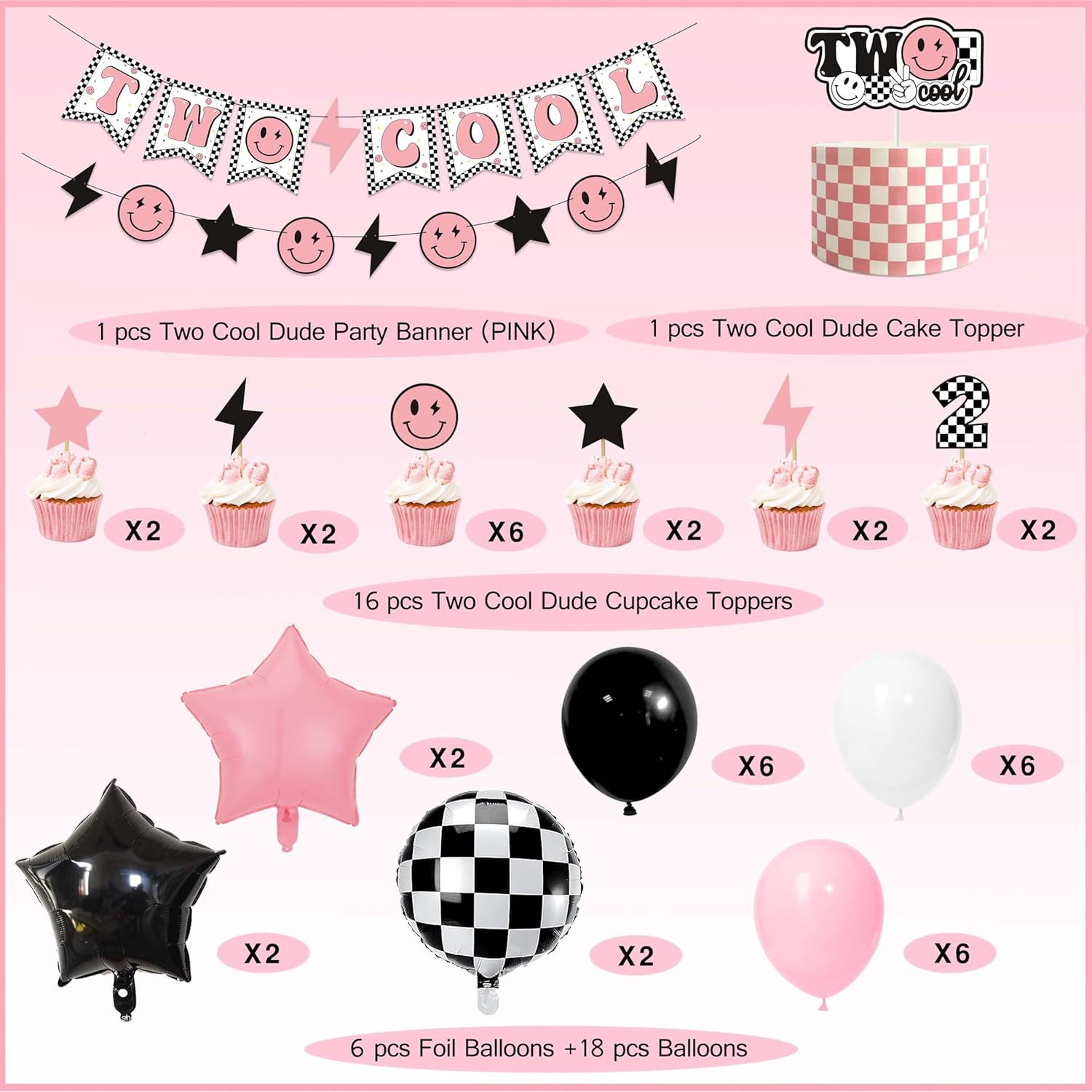 Two Cool Dude Pink Smile-Theme Birthday Party Decoration Set, Two Cool Girl Second Birthday Banner Cake Toppers Pink White Black Checker Balloons for Two Happy Face Party Supplies - Image 2