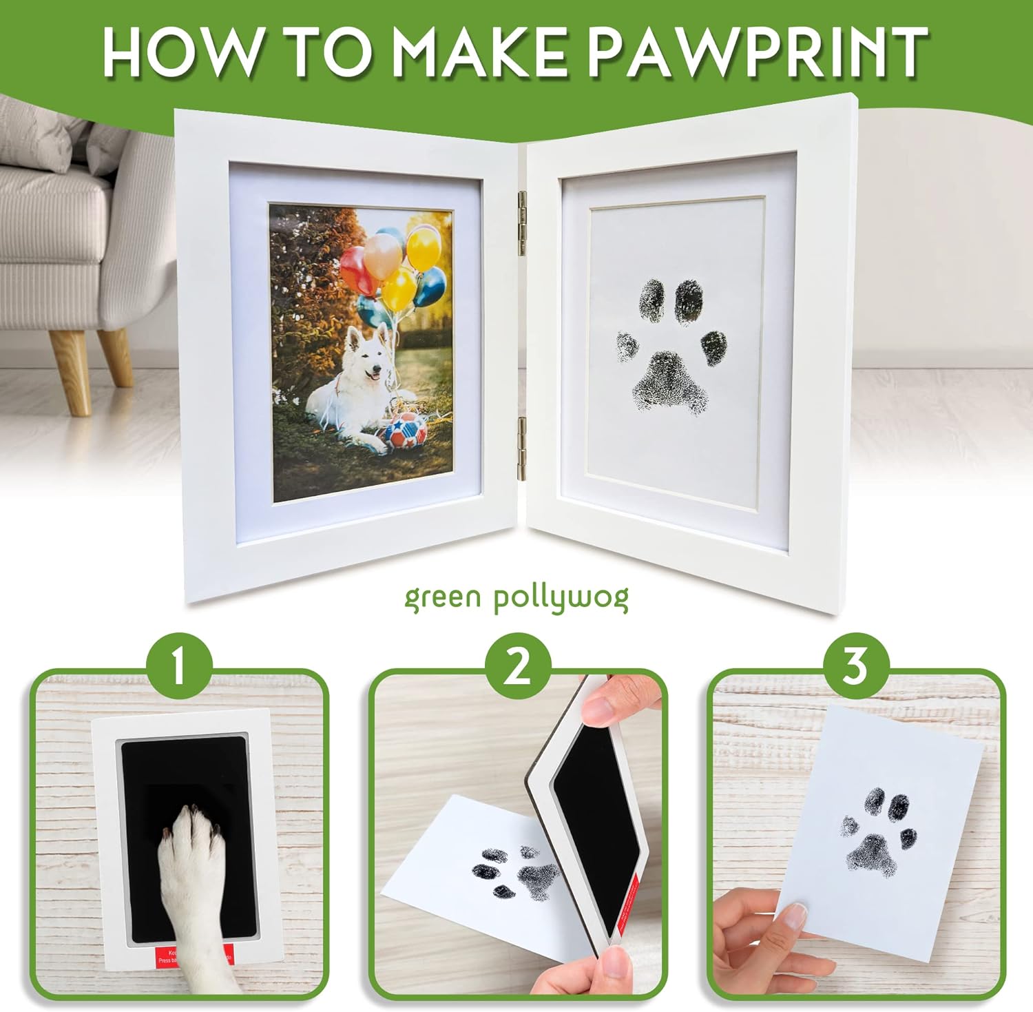 Green Pollywog | Paw Print Pet Keepsake Hinge Photo Frame + Ink Pad Kit | Dog Paw Print Kit | Extra-Large Ink Pad Included | 4 x 6 Picture Openings - Image 5