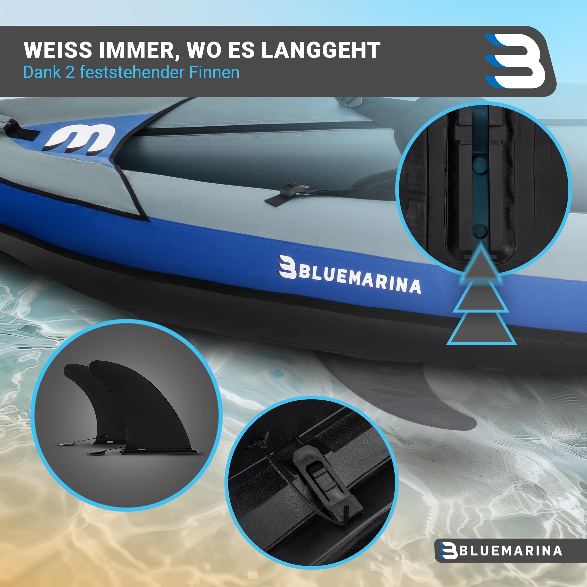 Bluemarina Kajak aufblasbar Samoa | Kanu für 1 oder 3 Personen - Luftkajak mit Paddel - Pumpe - Tasche - Aufblasbares Paddelboot - Kajaks Zubehör - Schlauchboot - Angelkajak - Wasserboot