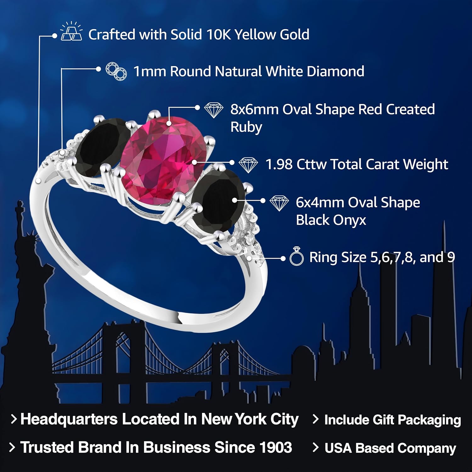 Gem Stone King 10K White Gold Red Created Ruby Black Onyx & Diamond Accent 3-Stone Engagement Ring | 1.98 Cttw | 3 Stone Wedding Engagement Anniversary Promise Ring For Women - Image 2