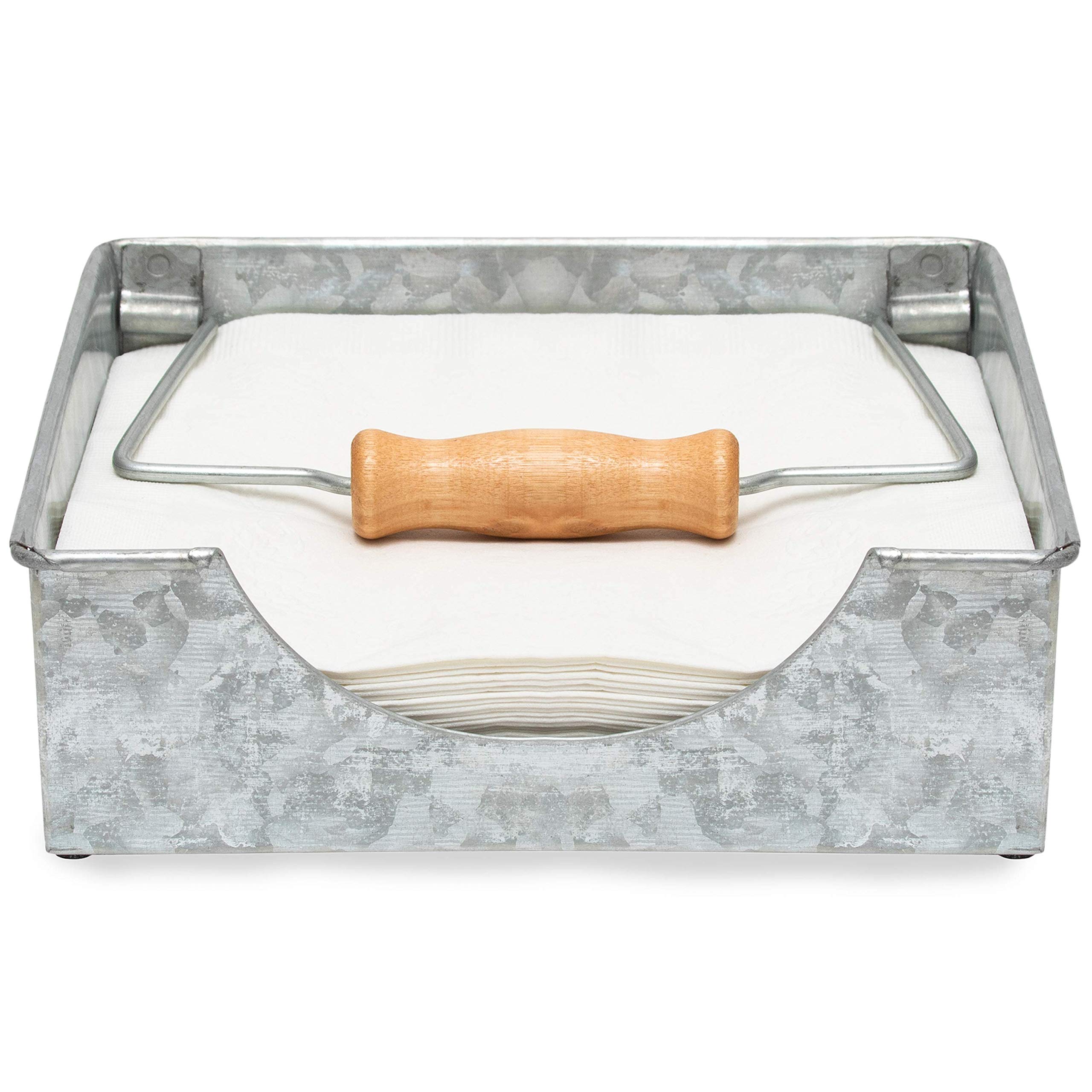 Farmhouse Napkin Holder by Saratoga Home - Napkin Holder for Table, Cocktail Napkin Holder, 35% Heavier Solid Steel With Wood Accent and Padded Feet, Flat Napkin Holder, Holds 35+ Napkins, Silver