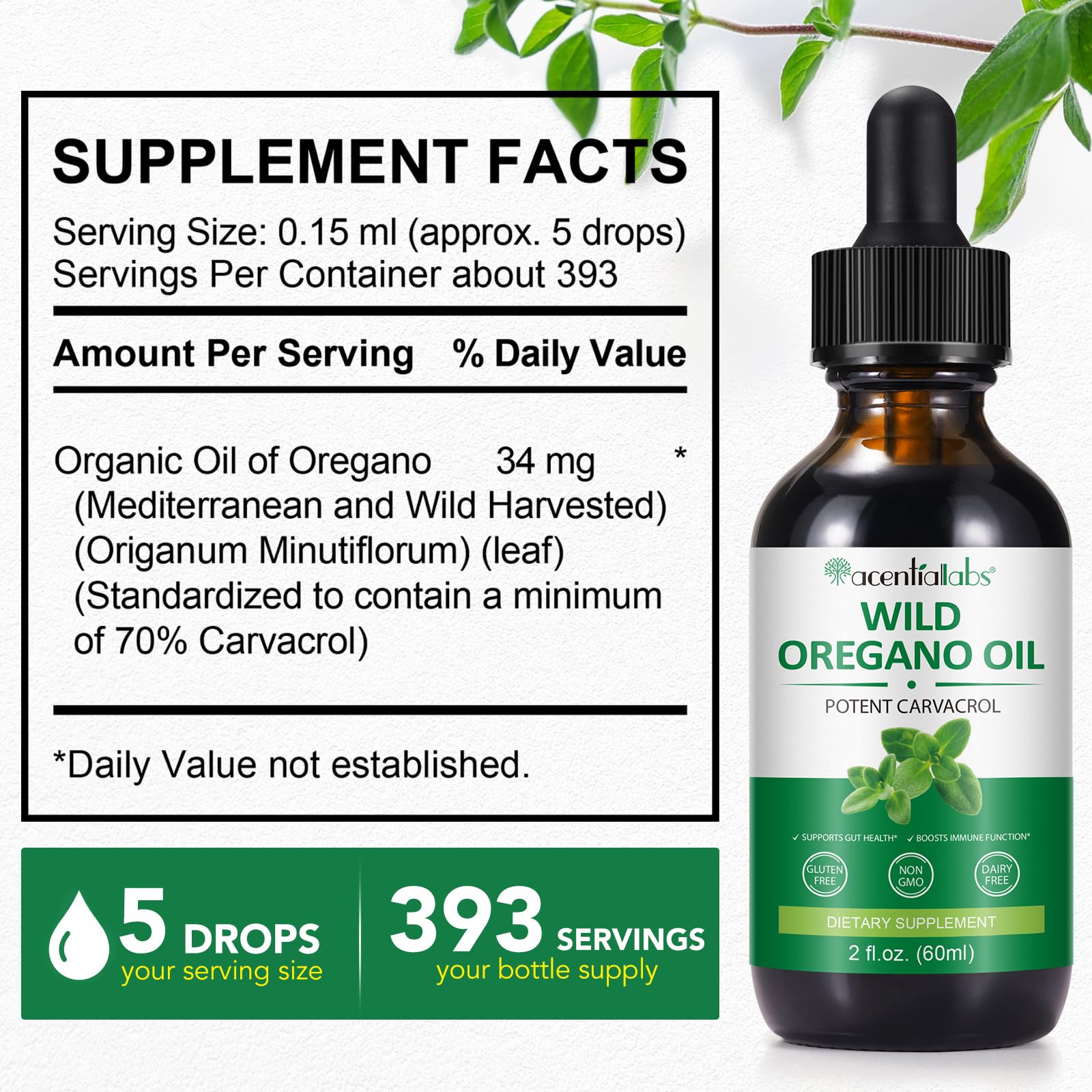 Olio di origano 60ml, Oregano oil olio di origano bio olio essenziale origano, aceite de oregano con olio d'oliva per supporto immunitario e salute dell'intestino, 100% Ingredienti Naturali, Non OGM