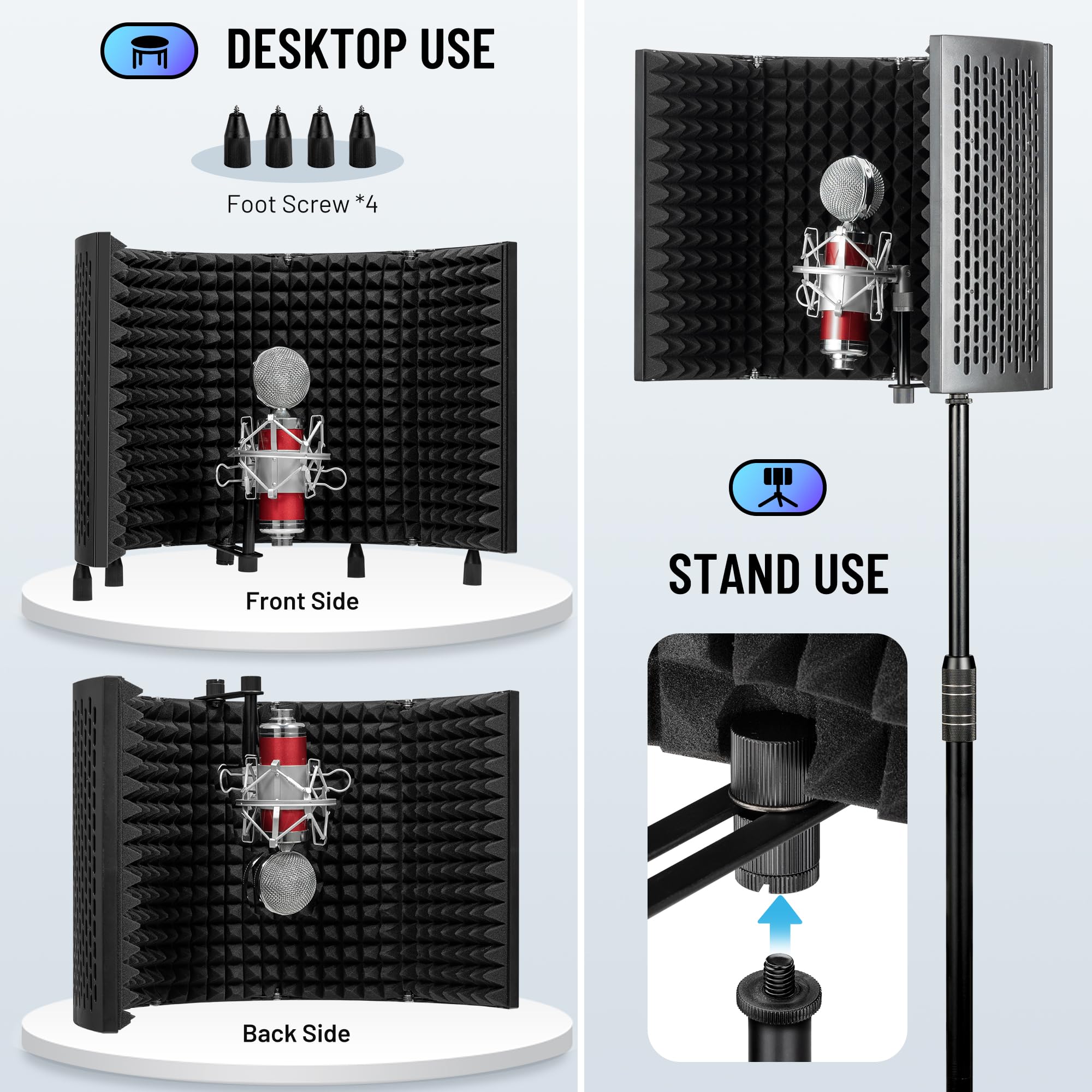 CAHAYA Microphone Isolation Shield Studio Mic Sound Absorbing Foam Professional Desktop or Mounted on Stand Recording Equipment Foldable 5-Panel Mic Isolator Panel for Condenser Microphone - Image 4