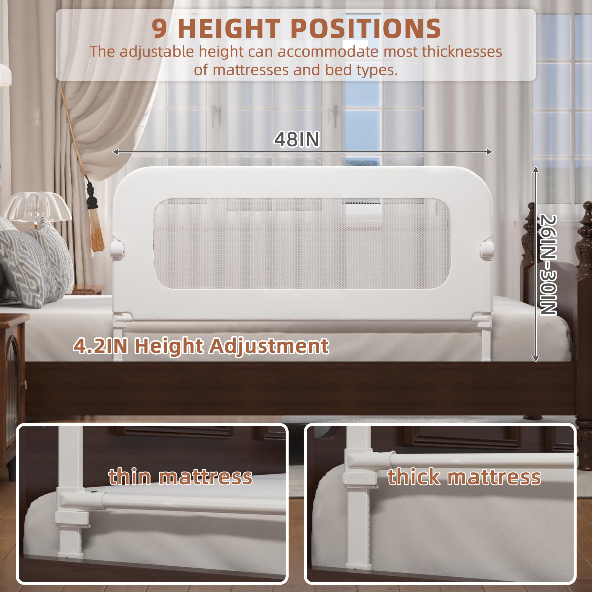 FigTime Barandilla de cama para niños pequeños, protector de riel de cama de bebé para niños, barandillas de cama para niños pequeños con ajuste de anclaje reforzado, altura ajustable y plegable,