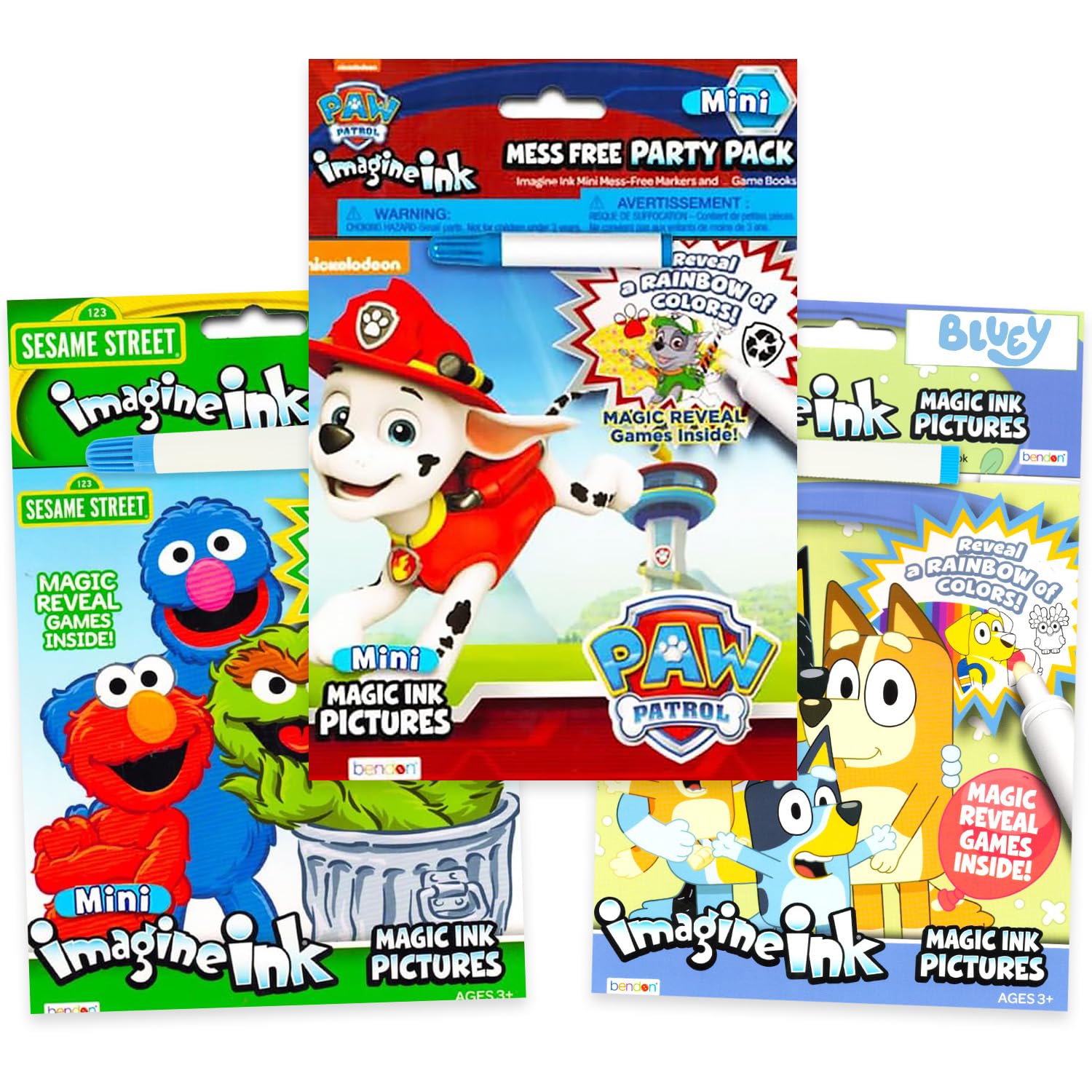 Kids Imagine Ink Coloring Book Super Set - Bundle 3 Imagine Ink Mess-Free Activity Books Featuring Paw Patrol, Bluey, and Sesame Street | Art Books