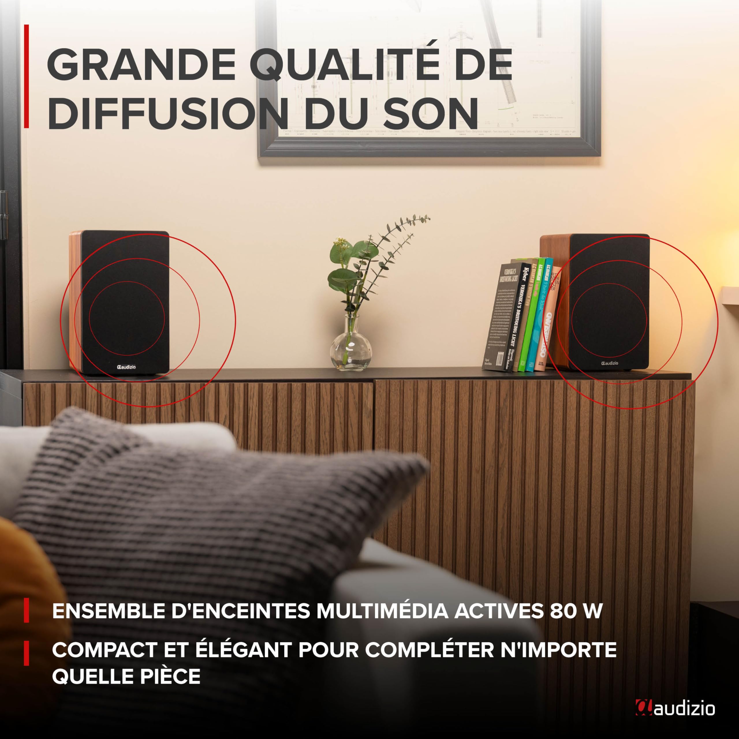 Audizio KS01 Enceintes Hi-FI Bibliothèque Actives 80W avec BT 5.0, Woofer 4" et Tweeter 1,25", Réglages Graves et Aigus, DSP avec Préréglages, Finition Bois Élégante