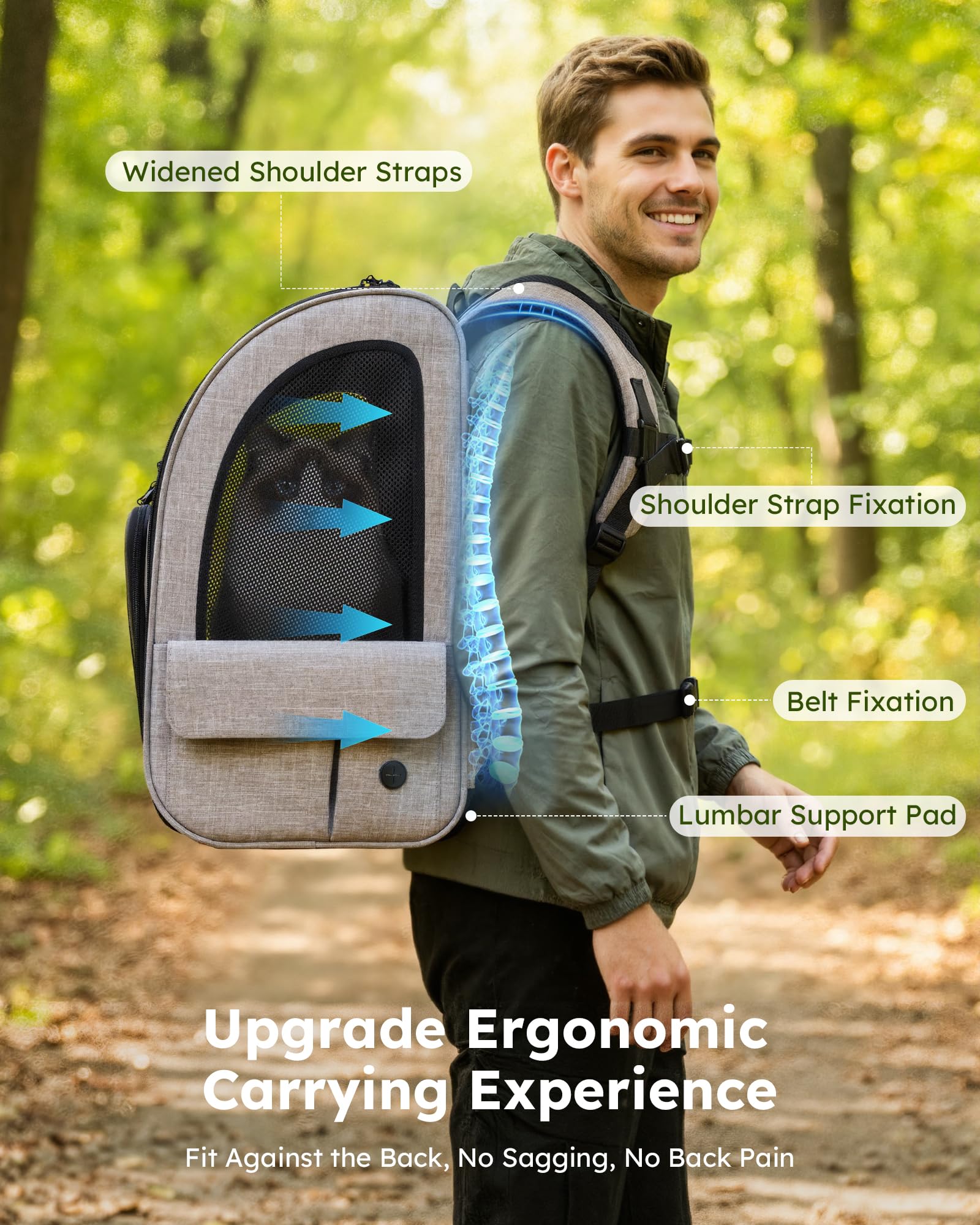 Pecute Cat Backpack Carrier XL, ExpandablePet Backpack for Cats & Small Dogs Up to 15lbs, with 4-Side Breathable Mesh, Multi-Entry & Lockable Zippers for Travel, Hiking, Camping - Hands Free, Khaki - image 6